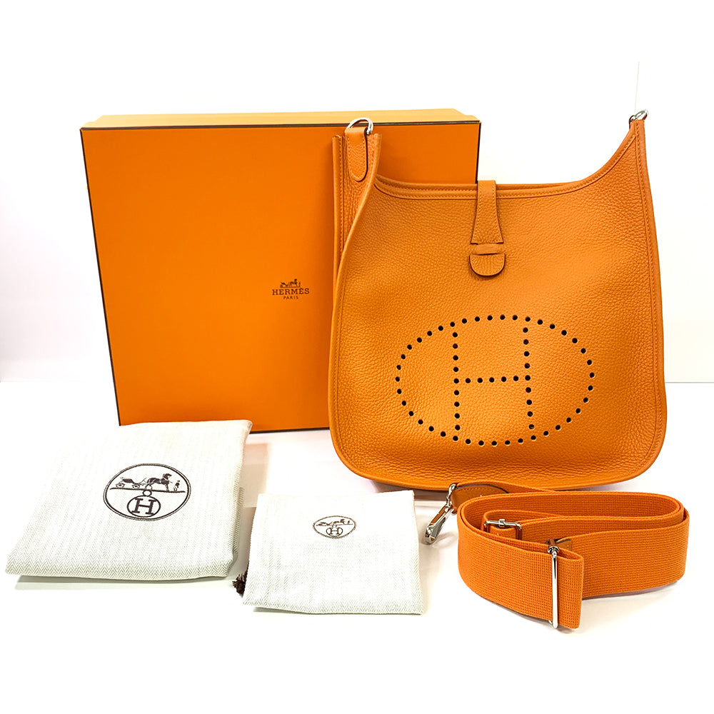 HERMES Etain Bag 33cm, Orange, Taurillon Clemence Leather, Gold Hardware