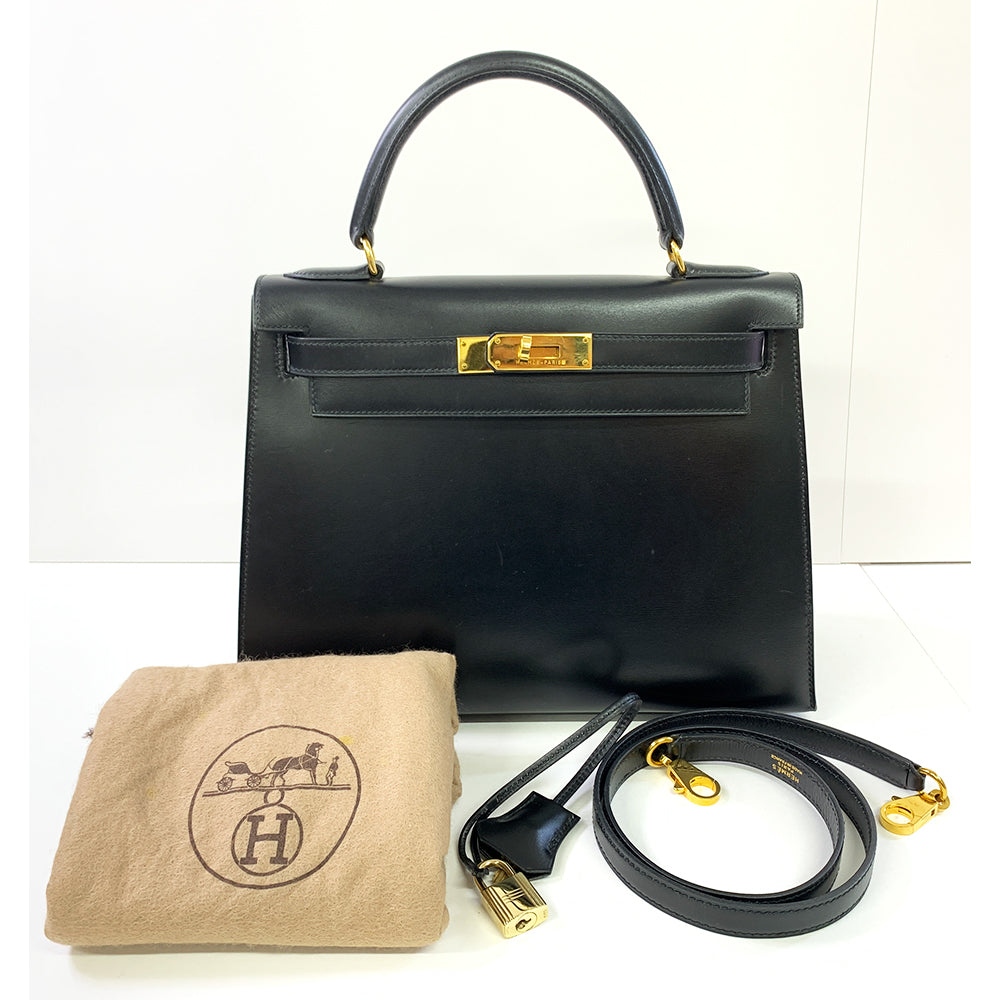 HERMES Kelly 28cm, Black, Calf Leather, Gold Hardware