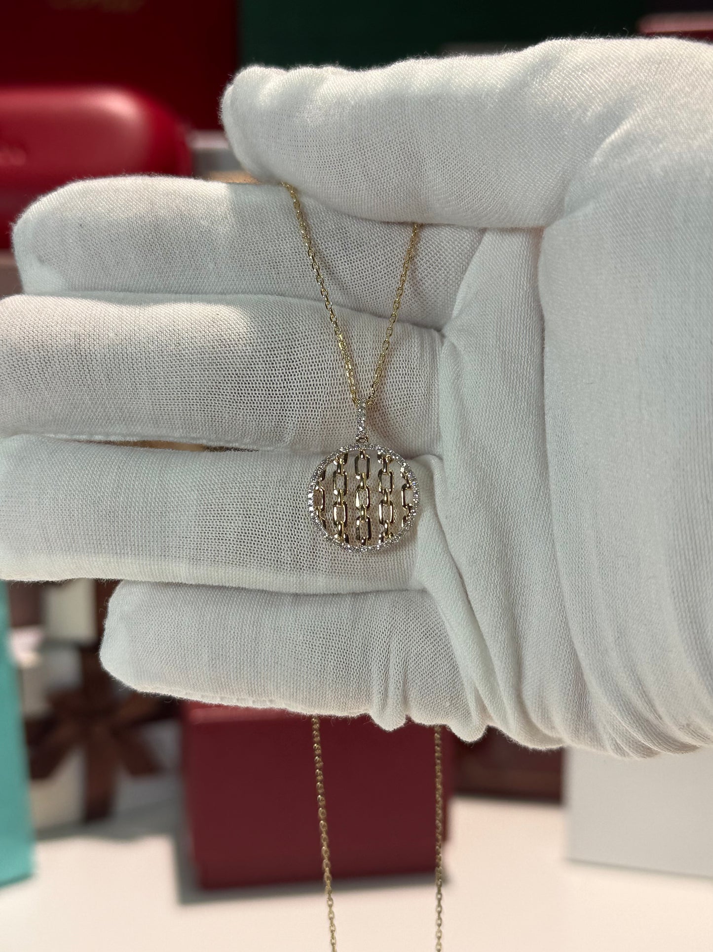 Chain Design Diamond Pendant 14k Yellow Gold Necklace
