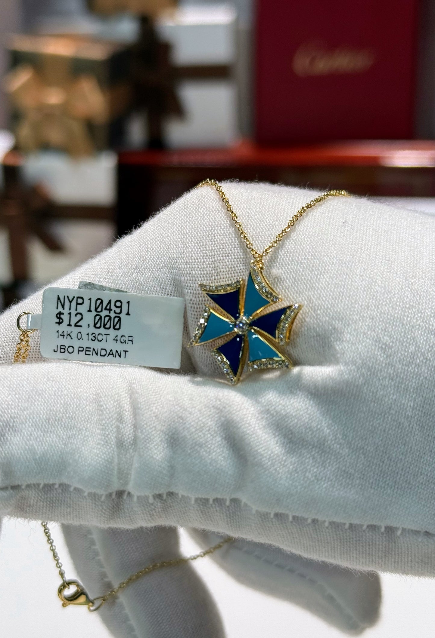 Windmill Enamel Pendant 14k Yellow Gold Necklace