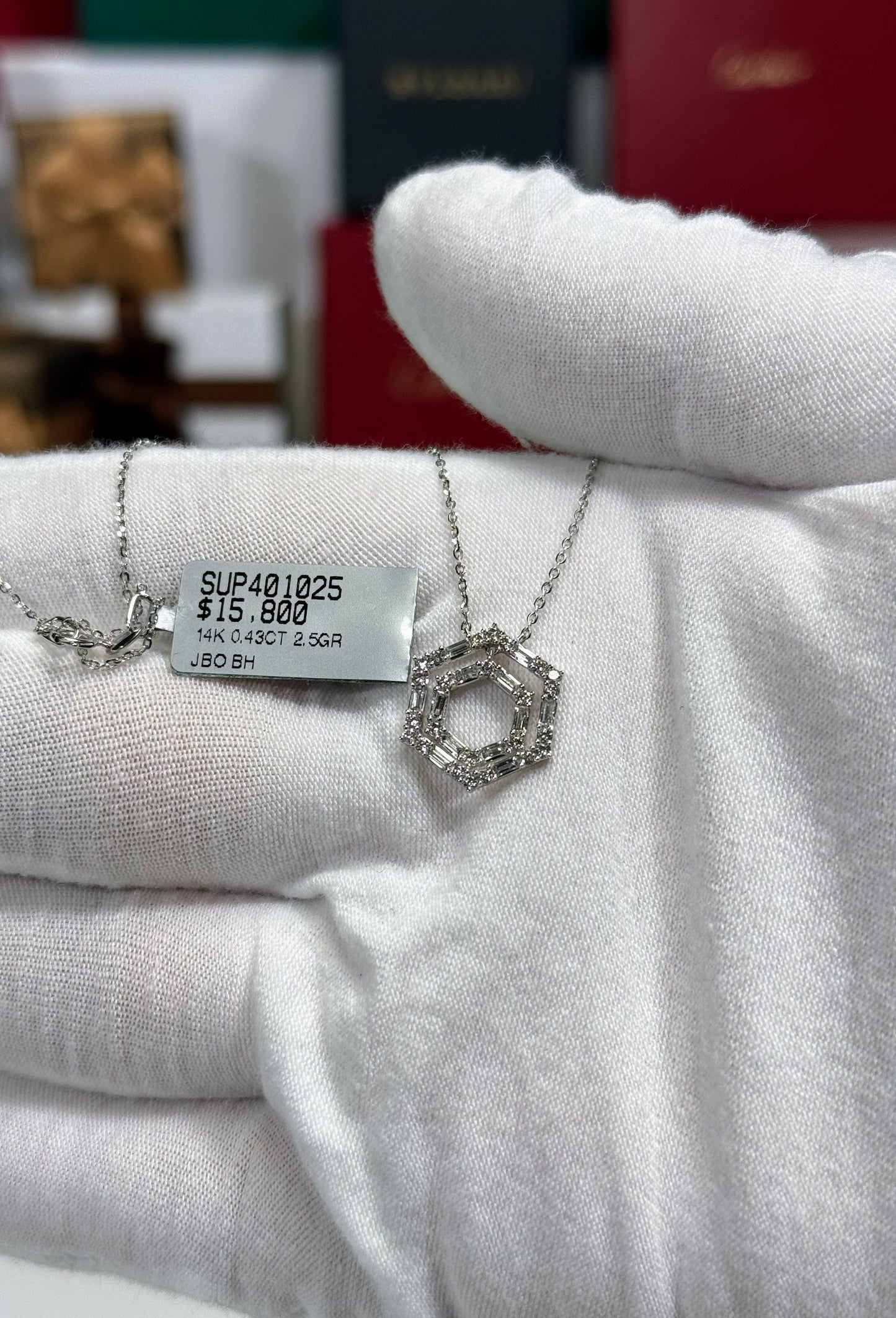 Concentric Hexagon Diamond Pendant 14k White Gold Necklace