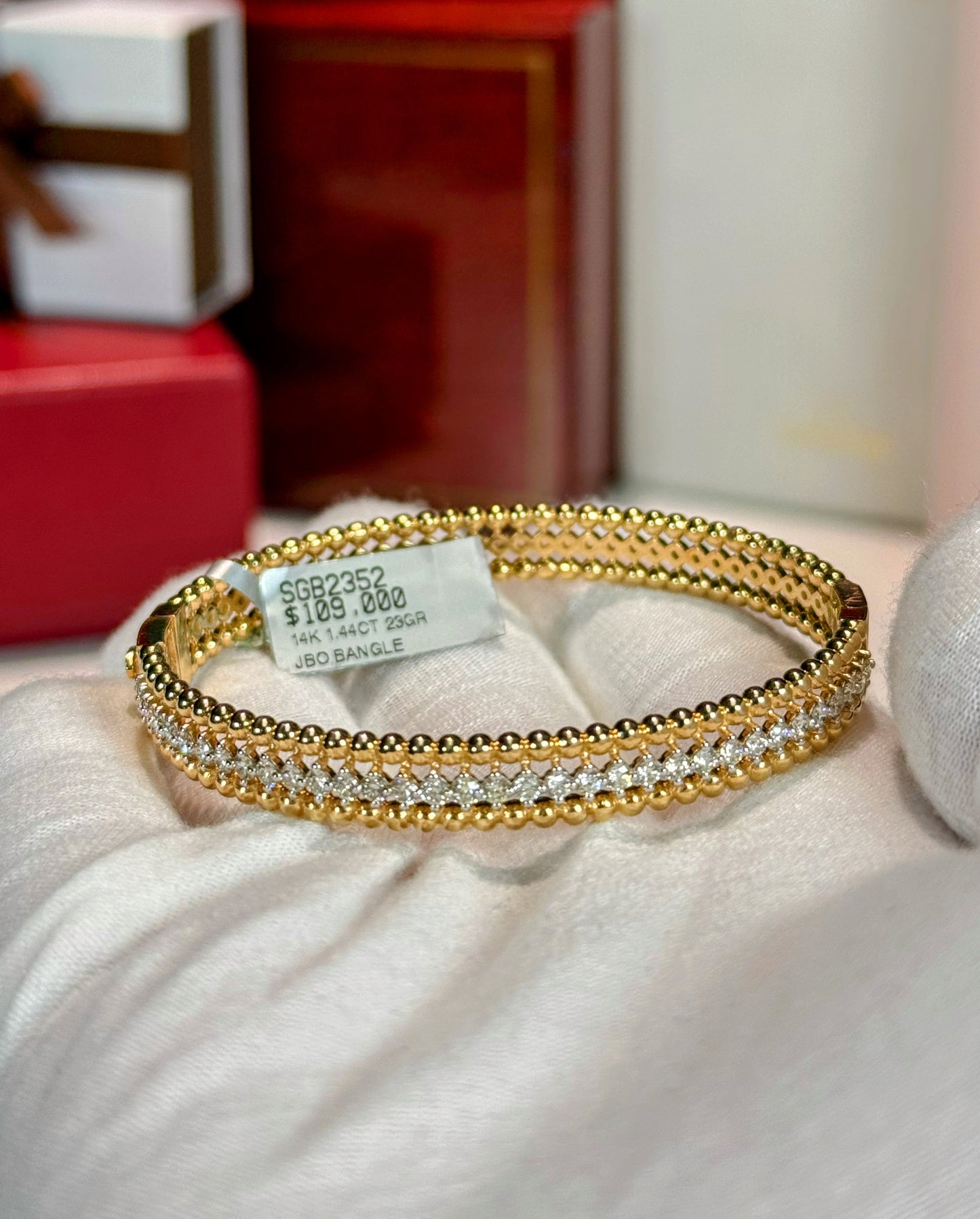 Diamond and Gold Beads 14k Yellow Gold Bangle