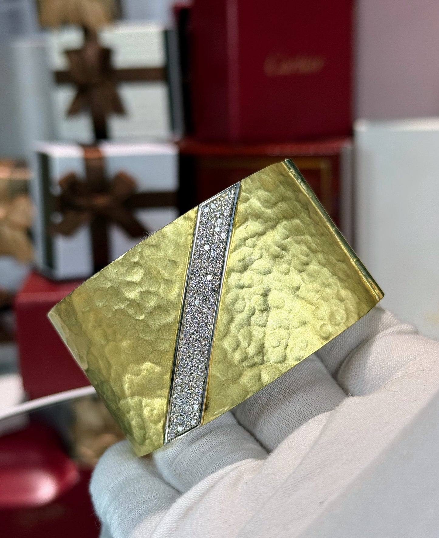 Hammered Gold Plate With Diamond Strip 18k Yellow Gold Bangle