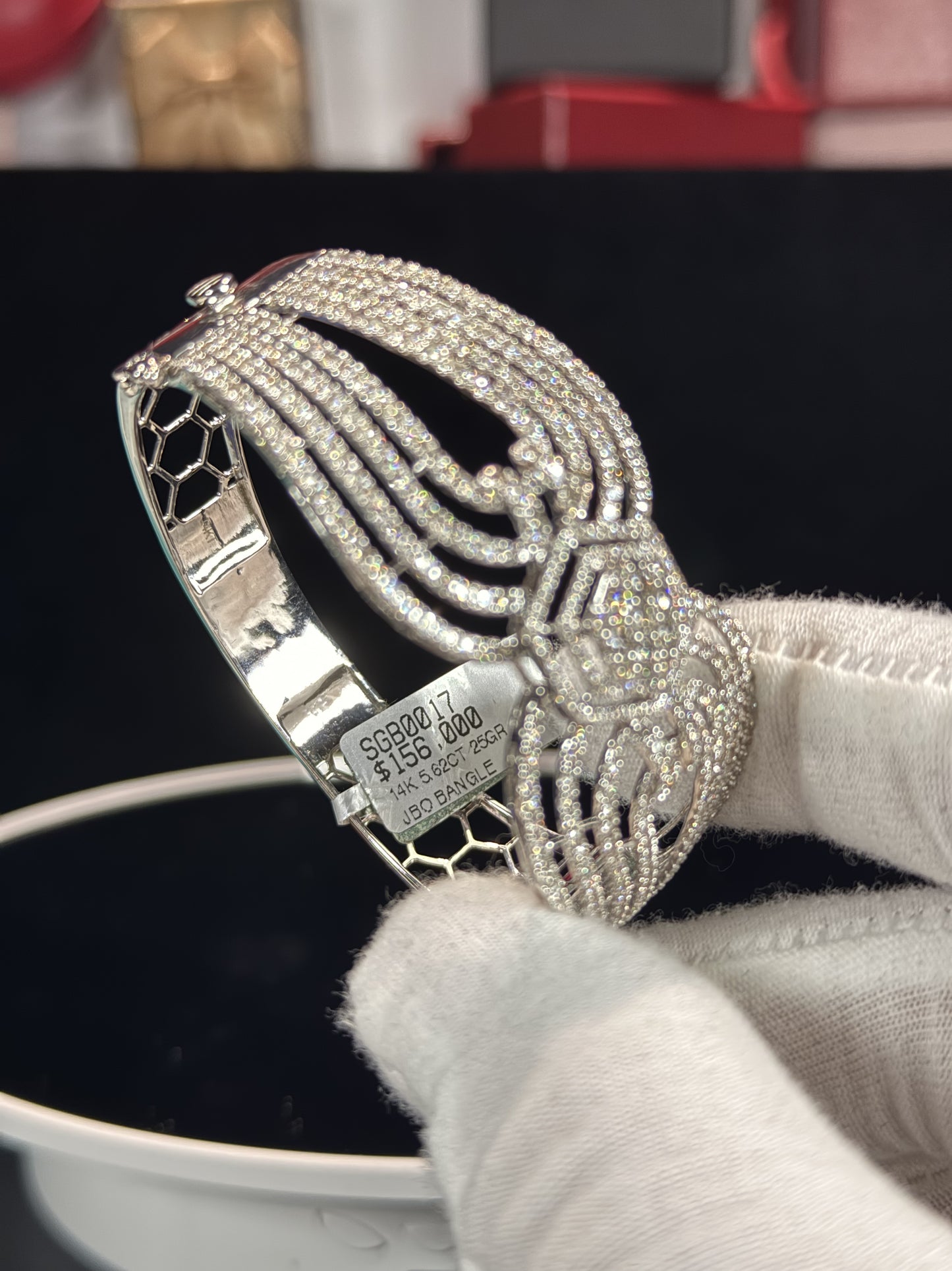 Hexagon Center 14k White Gold Diamond Bangle