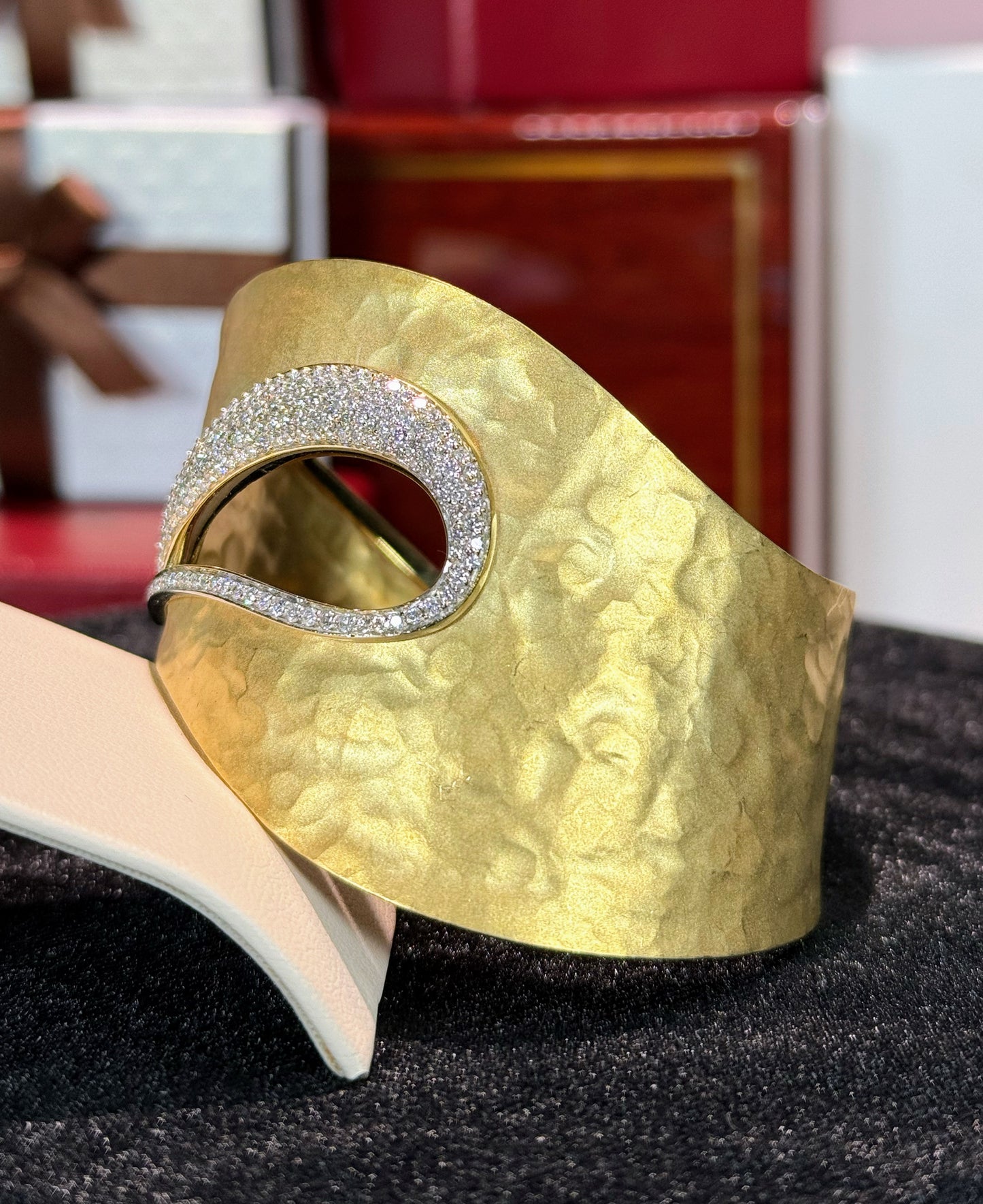 Hammered Gold Plate With Diamond 14k Yellow Gold Bangle