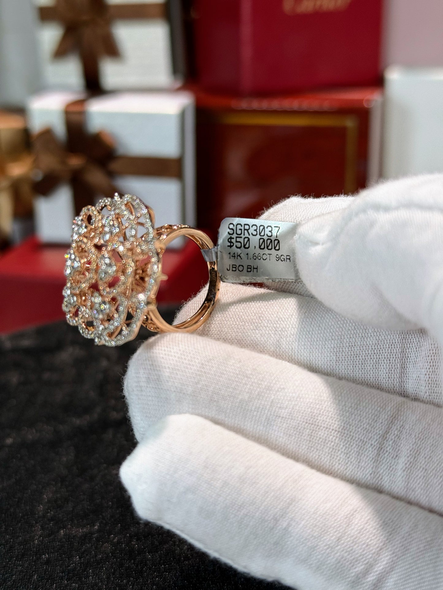 Floral Pattern 14k Rose Gold and Diamond Ring