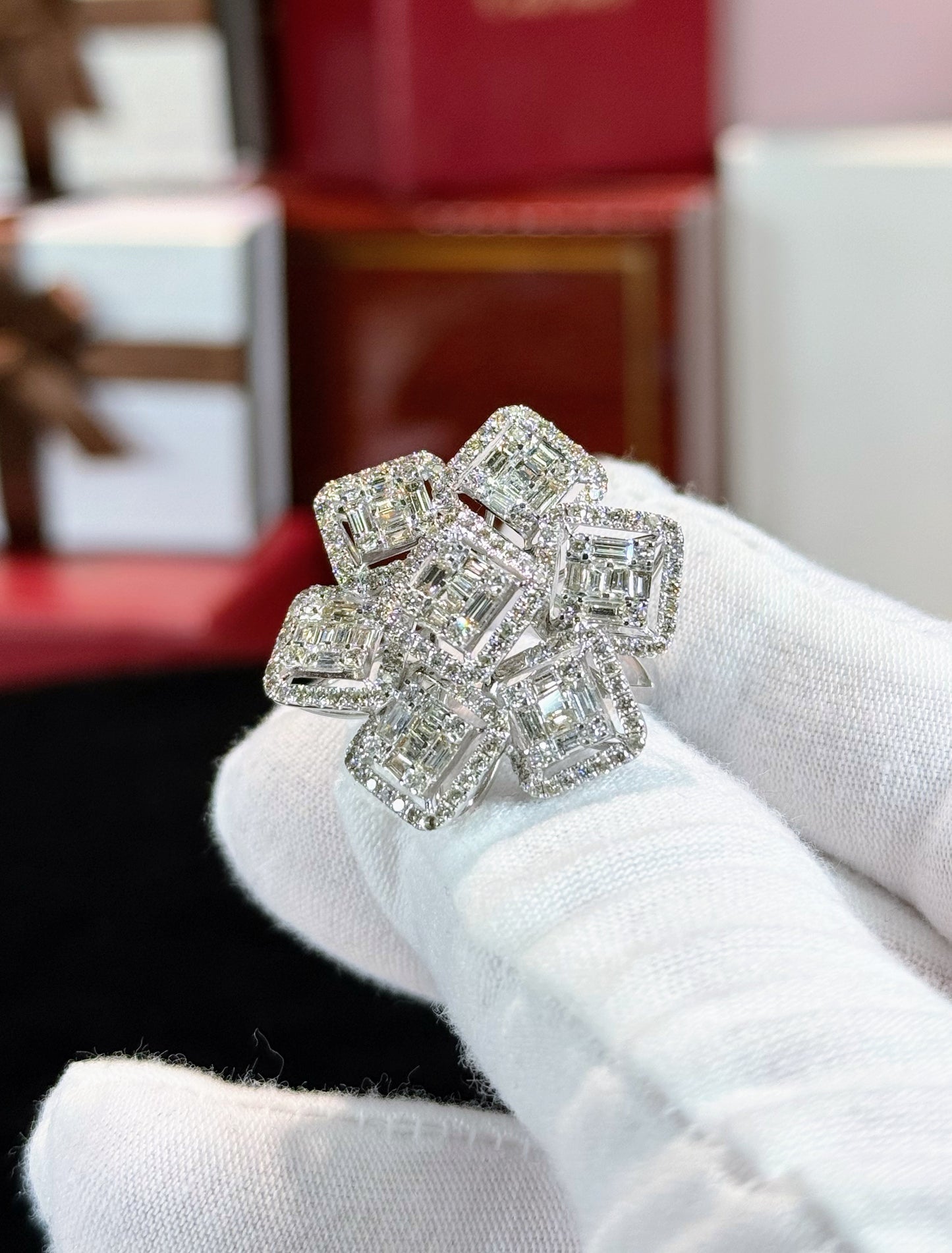 Floral Design Baguette Diamond 14k White Gold Ring