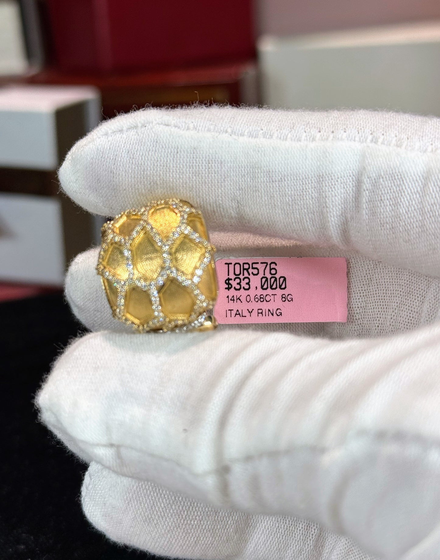 Patterned 14k Yellow Gold and Diamond Ring