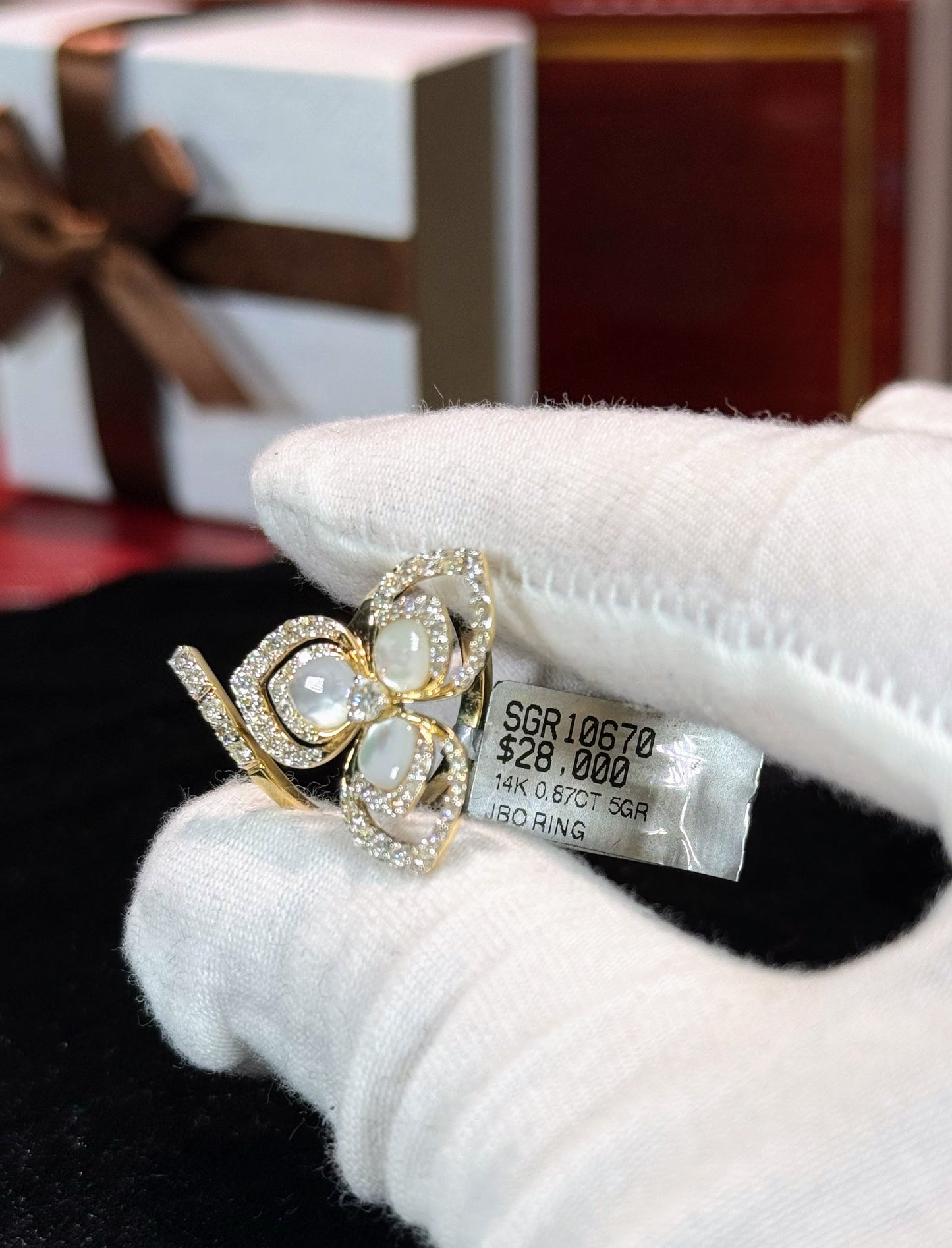 Three Petals Moonstone and Diamond 14k Yellow Gold Ring