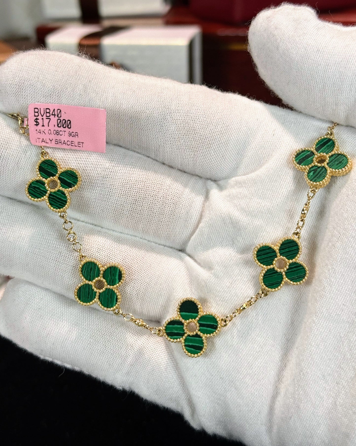 Van Cleef Inspired 14k Yellow Gold Green Malachite Four Pedals Bracelet