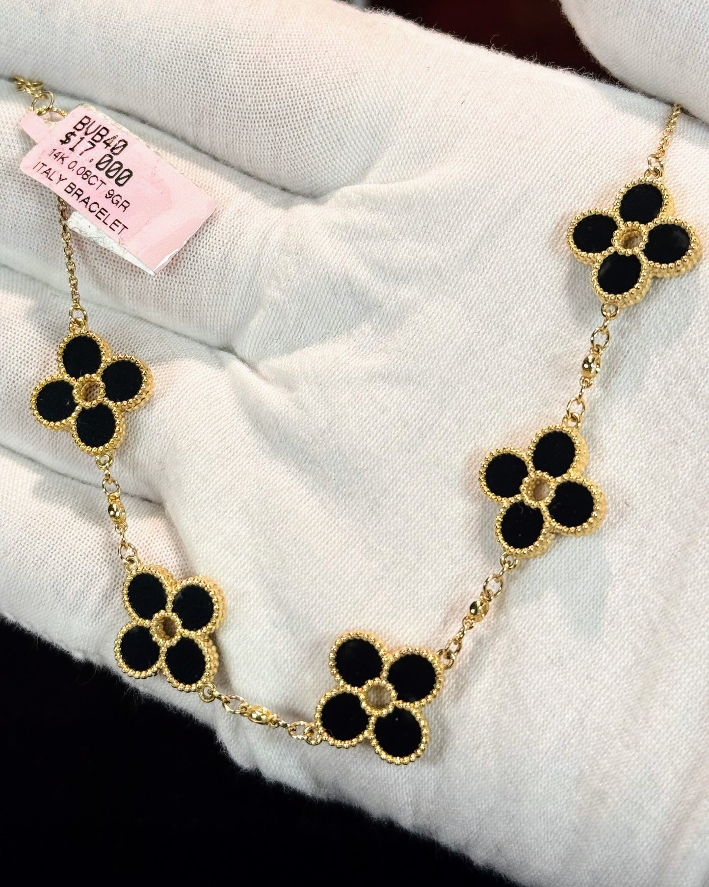 Van Cleef Inspired 14k Yellow Gold Black Onyx Four Pedals Bracelet