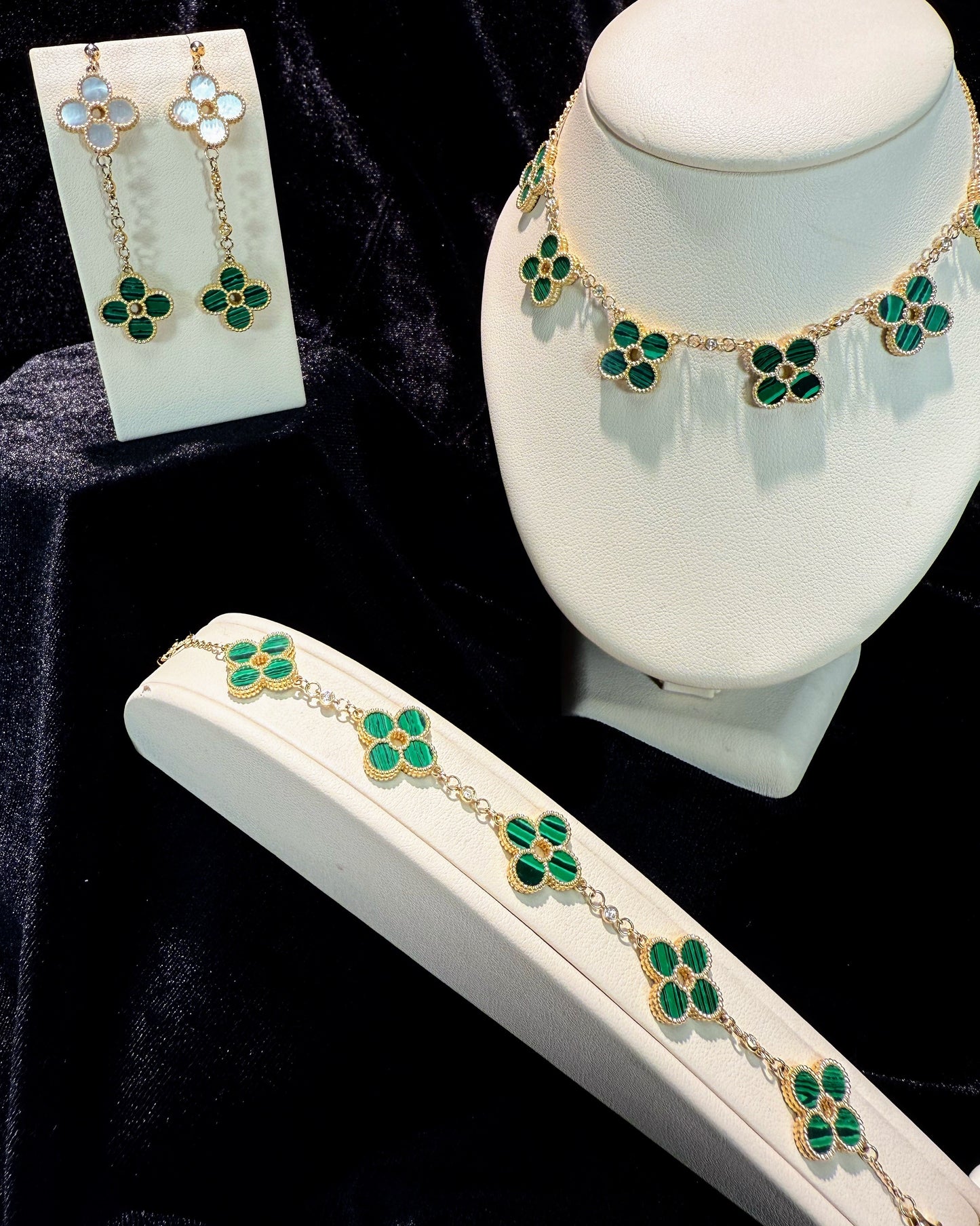 Van Cleef Inspired 14k Yellow Gold Green Malachite Four Pedals Bracelet