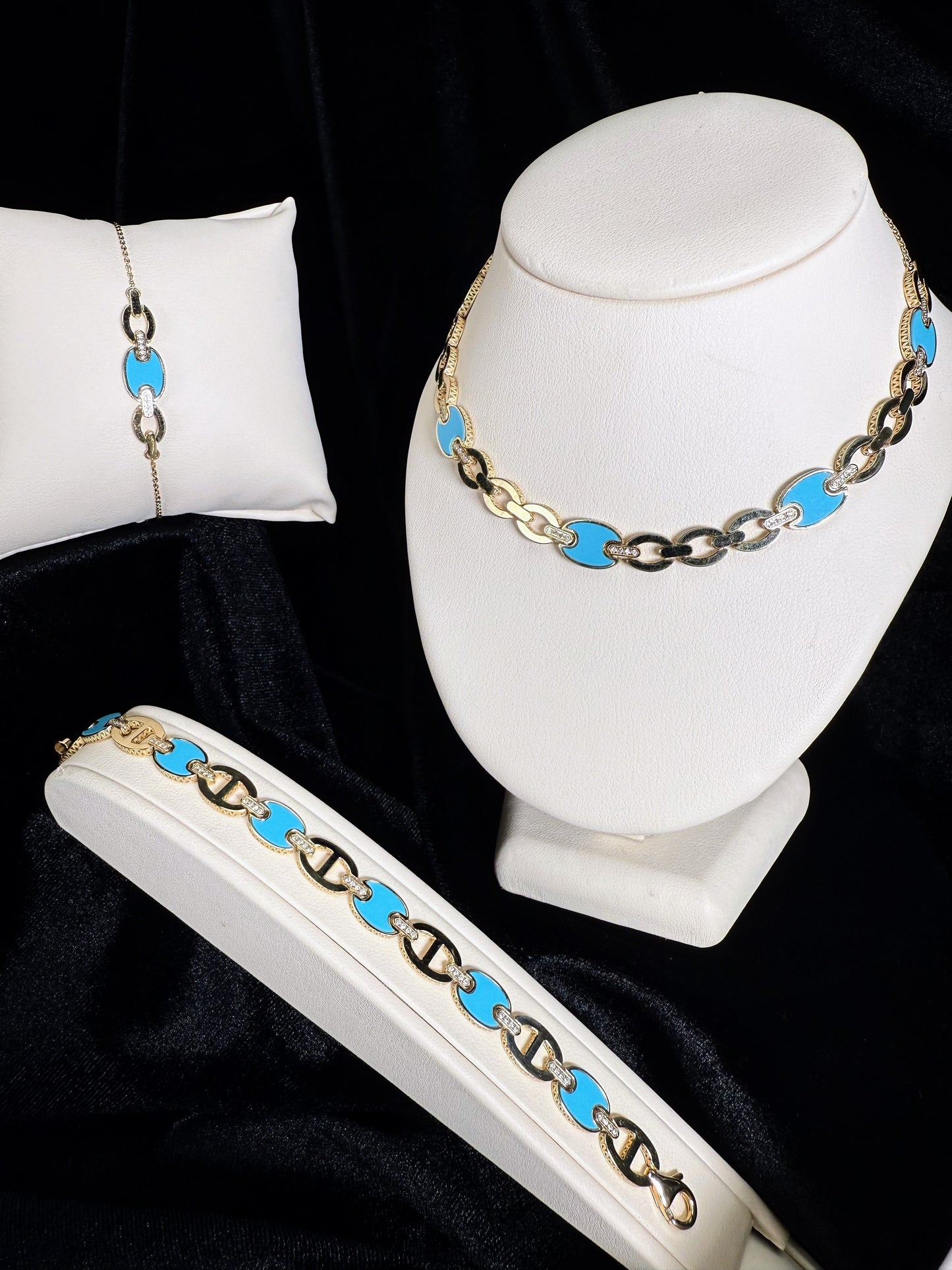 Blue Enamel Link Design 14k Yellow Gold Necklace