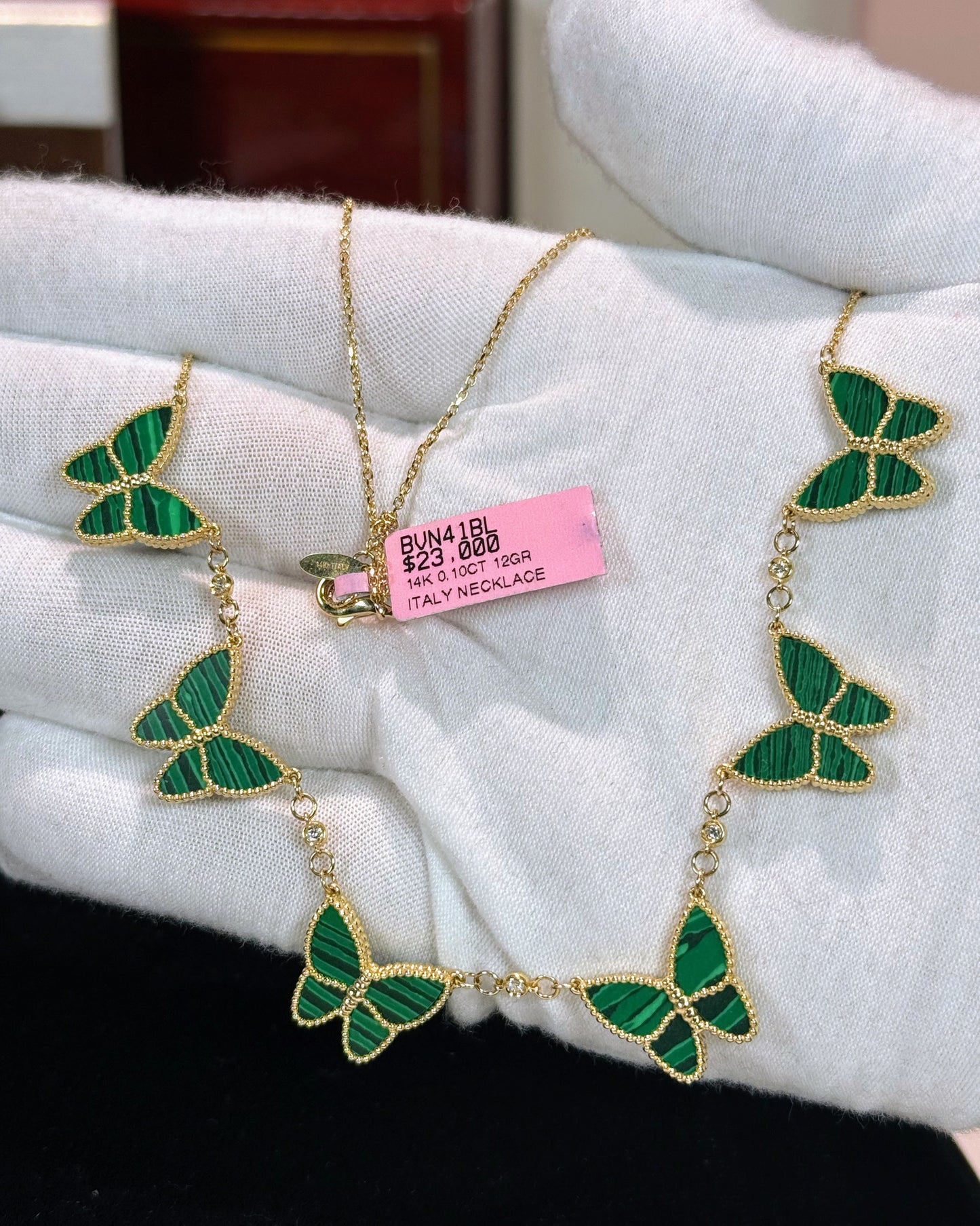 Van Cleef Inspired 14k Yellow Gold Green Malachite Butterfly Necklace