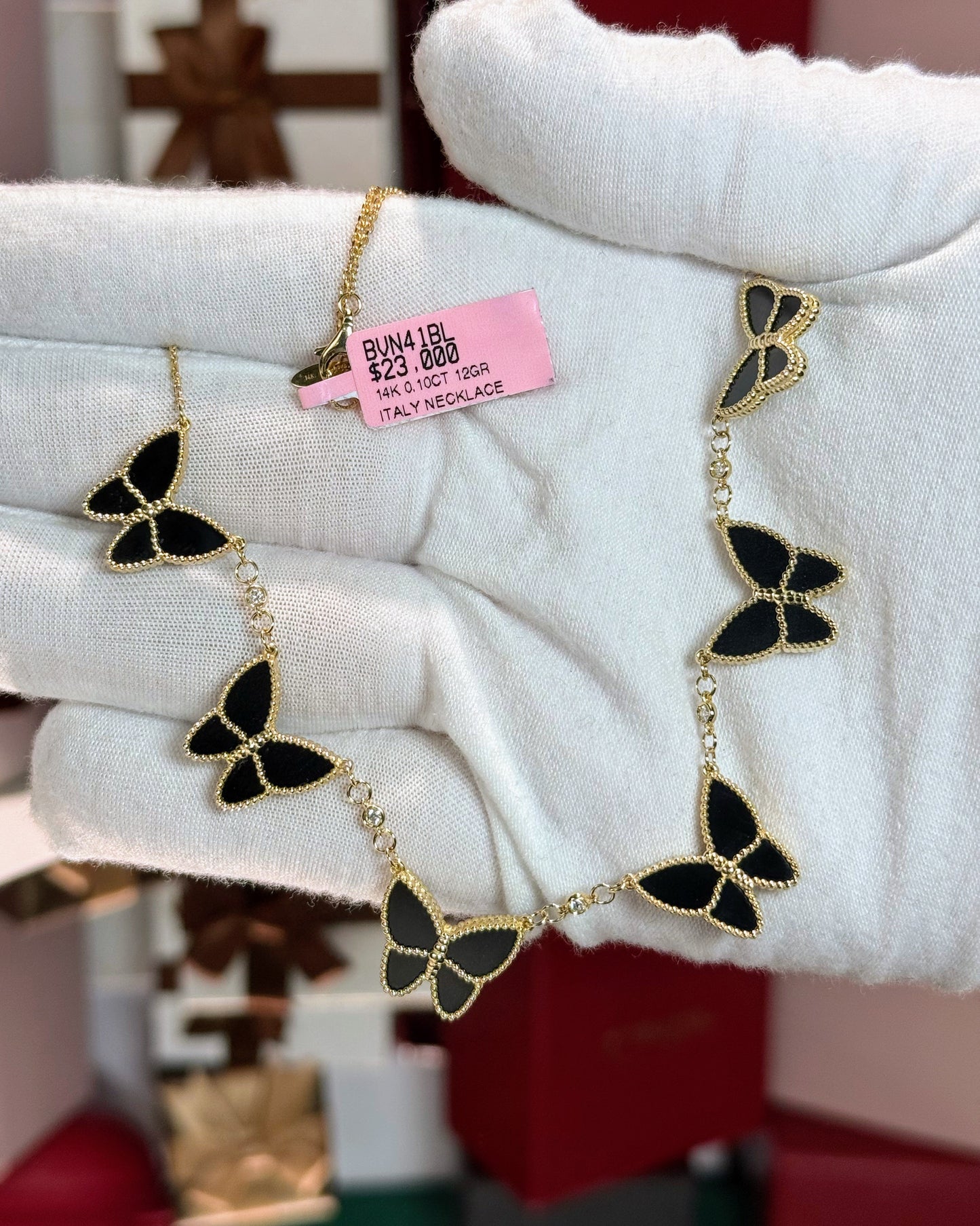 Van Cleef Inspired 14k Yellow Gold Black Onyx Butterfly Necklace