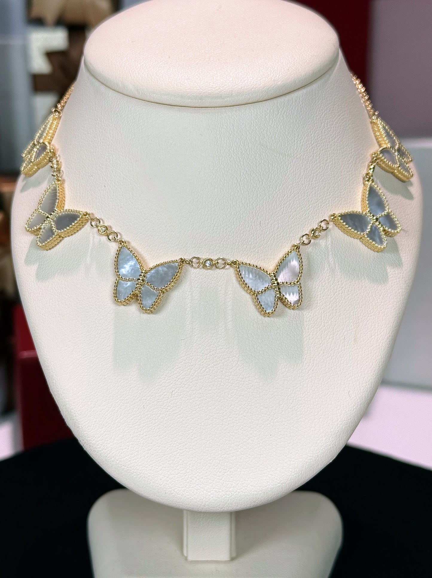 Van Cleef Inspired 14k Yellow Gold Mother of Pearl Butterfly Necklace