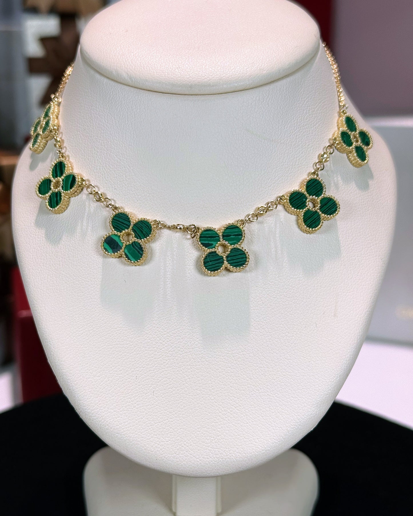 Van Cleef Inspired 14k Yellow Gold Green Malachite Four Pedals Necklace