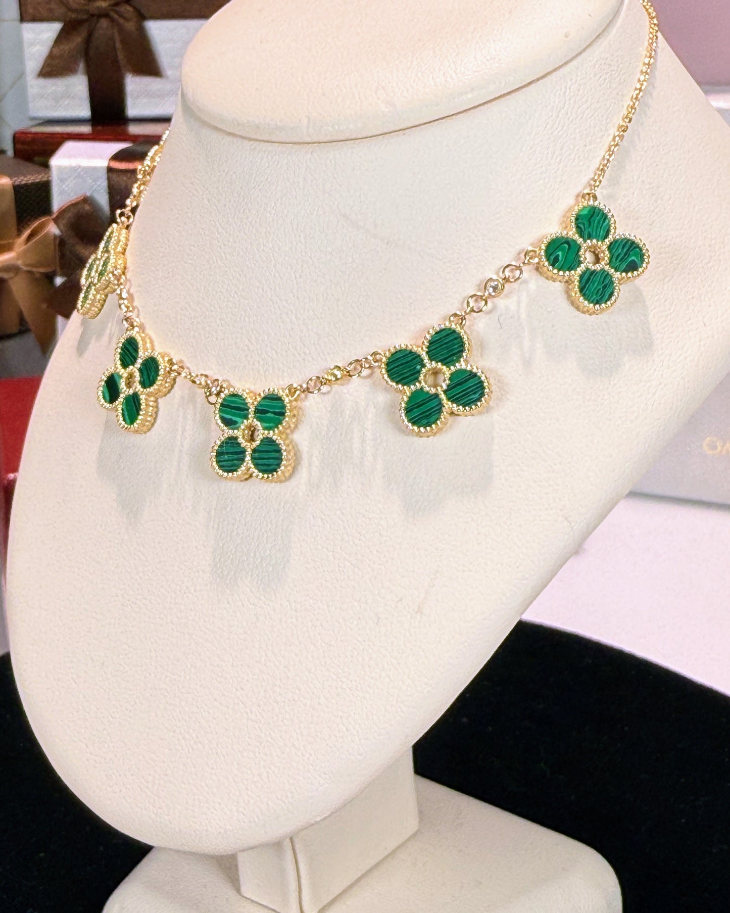 Van Cleef Inspired 14k Yellow Gold Green Malachite Four Pedals Necklace