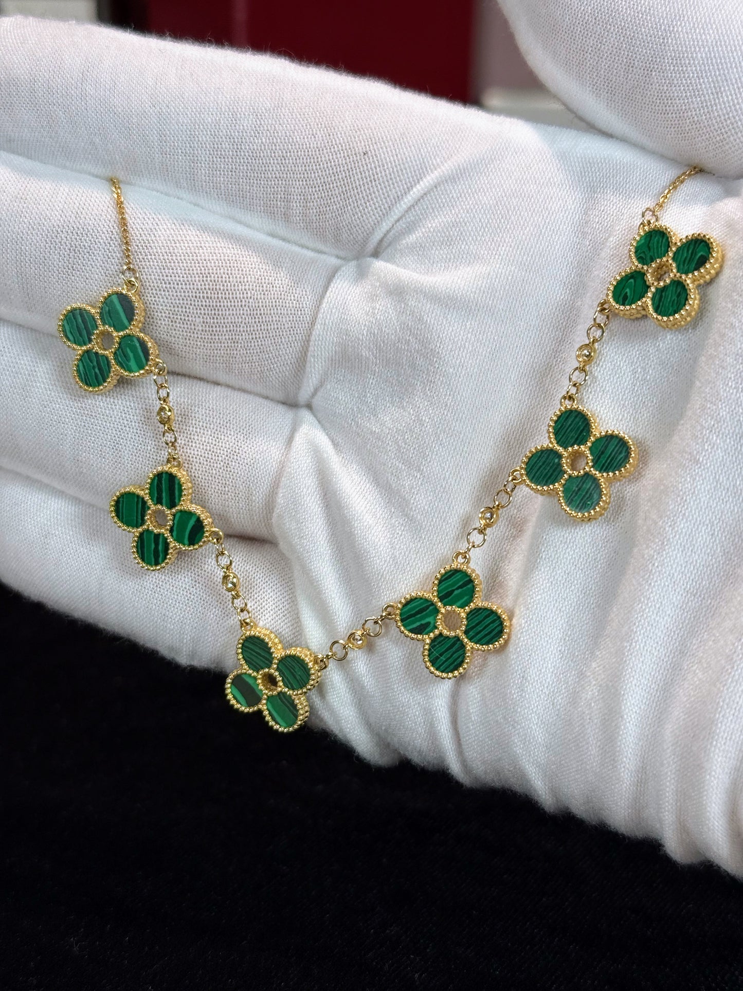 Van Cleef Inspired 14k Yellow Gold Green Malachite Four Pedals Necklace