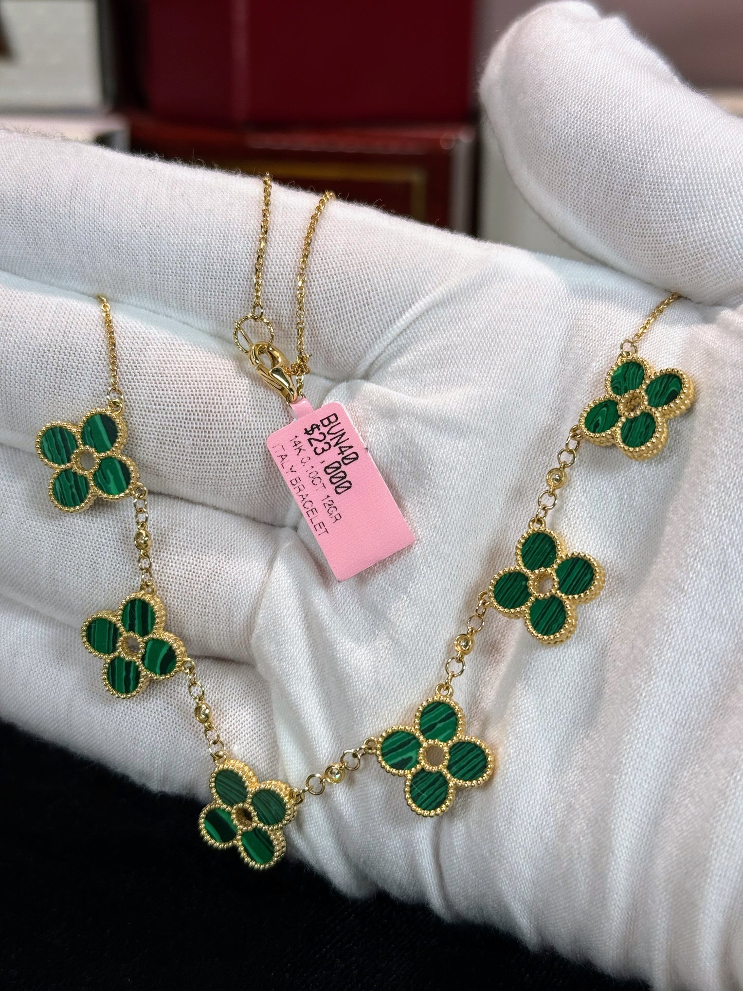 Van Cleef Inspired 14k Yellow Gold Green Malachite Four Pedals Necklace