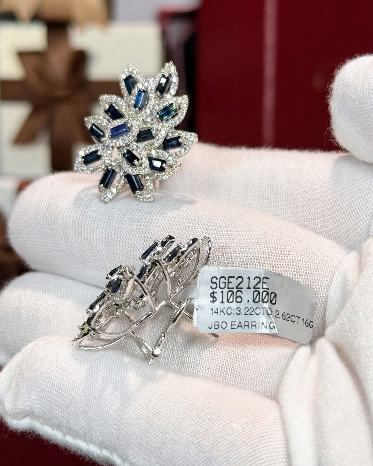 Sapphire Layered Leaves 14k WhiteGold Diamond Earrings
