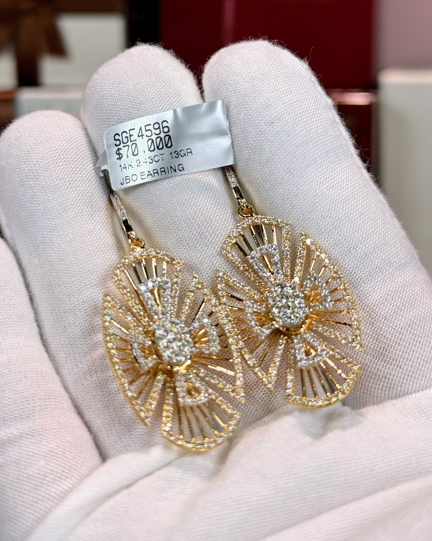 Oval Geometric Design Floral Diamond 14k Yellow Gold Earrings