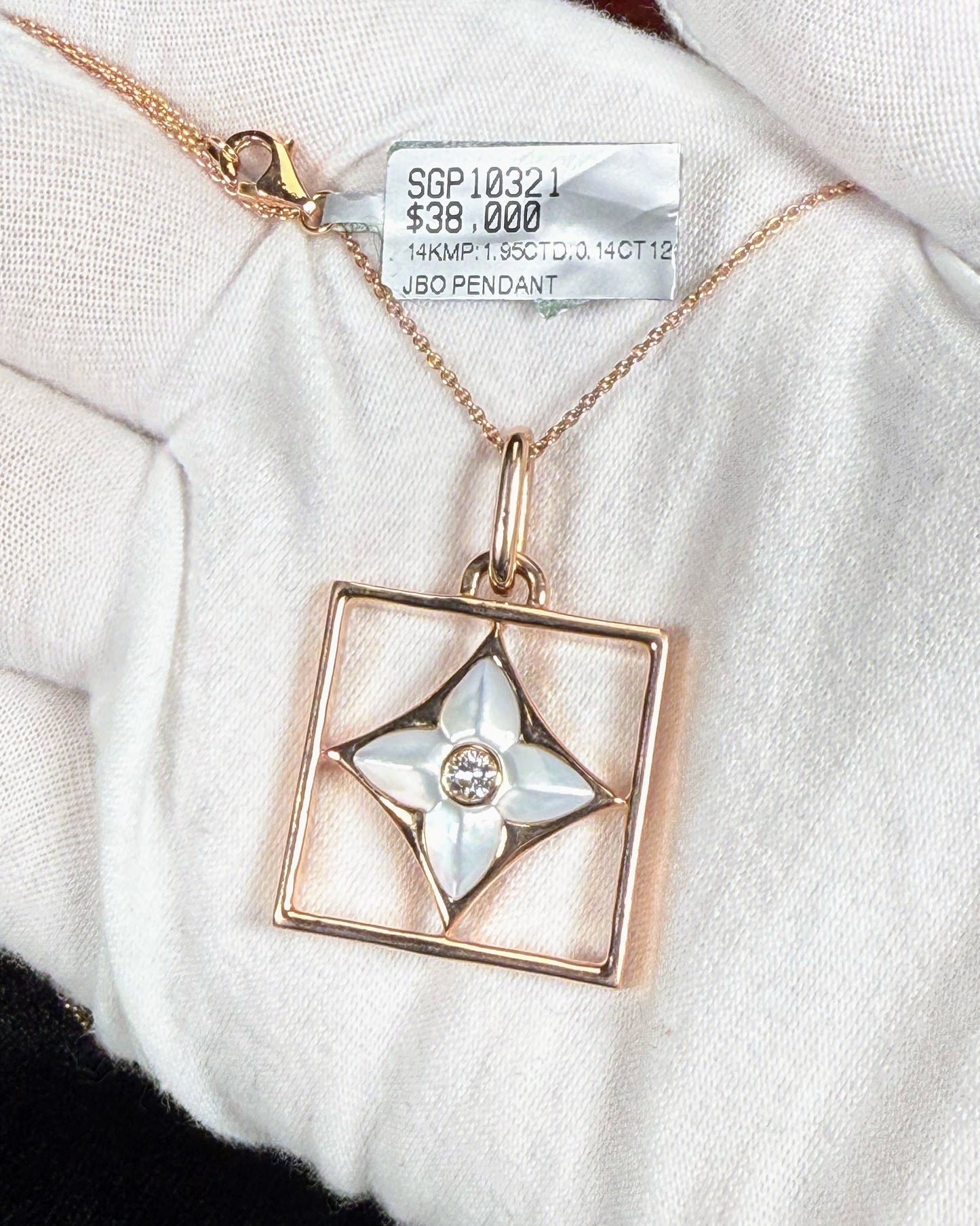 LV Logo Mother of Pearl 14k Rose Gold Pendant Necklace
