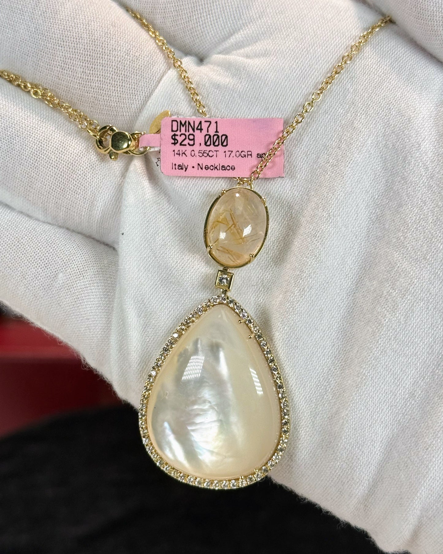 Gold Rutile Quartz and Mother of Pearl 14k Yellow Gold Pendant Necklace