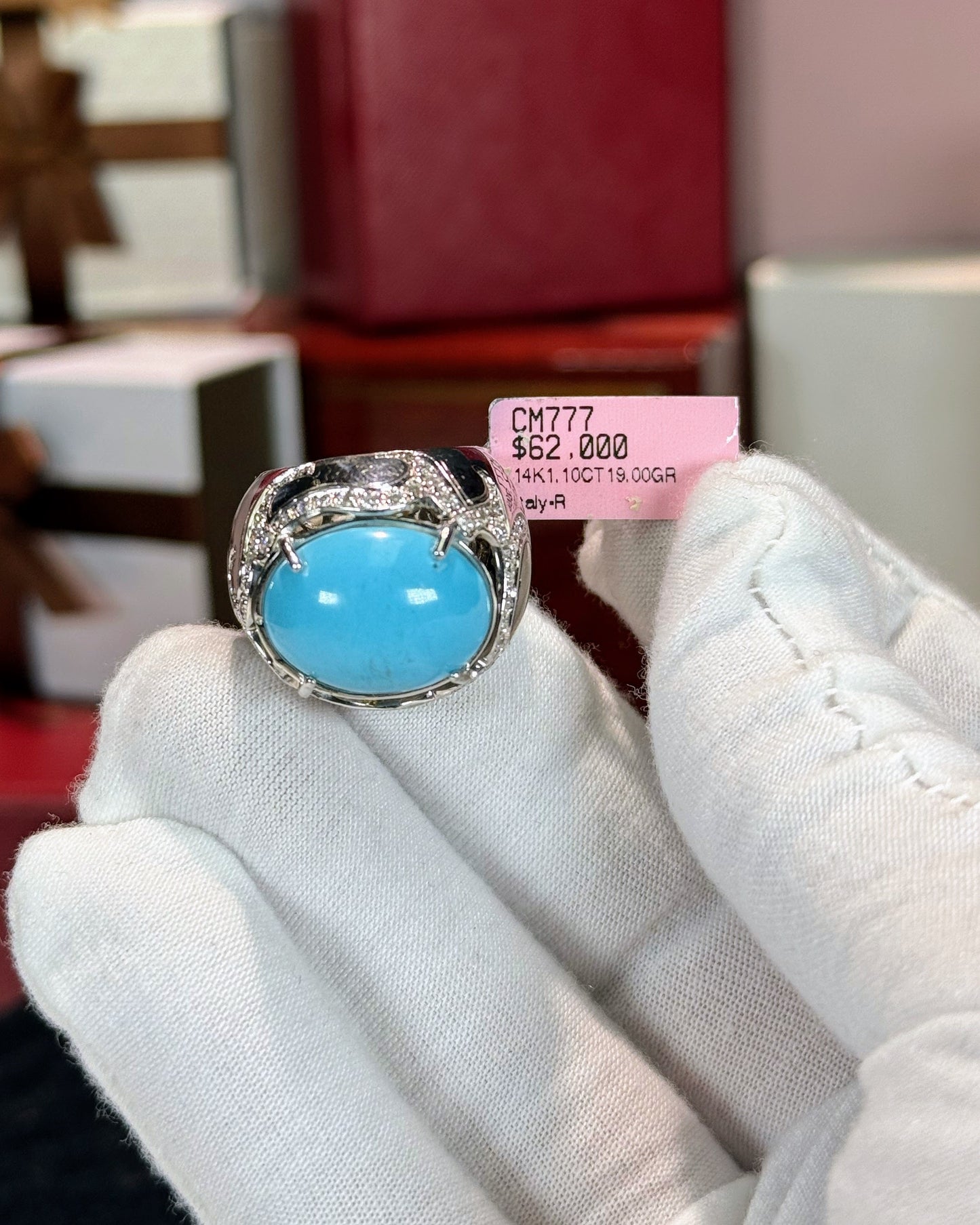 14k White Gold Turquoise Signet Diamond Ring