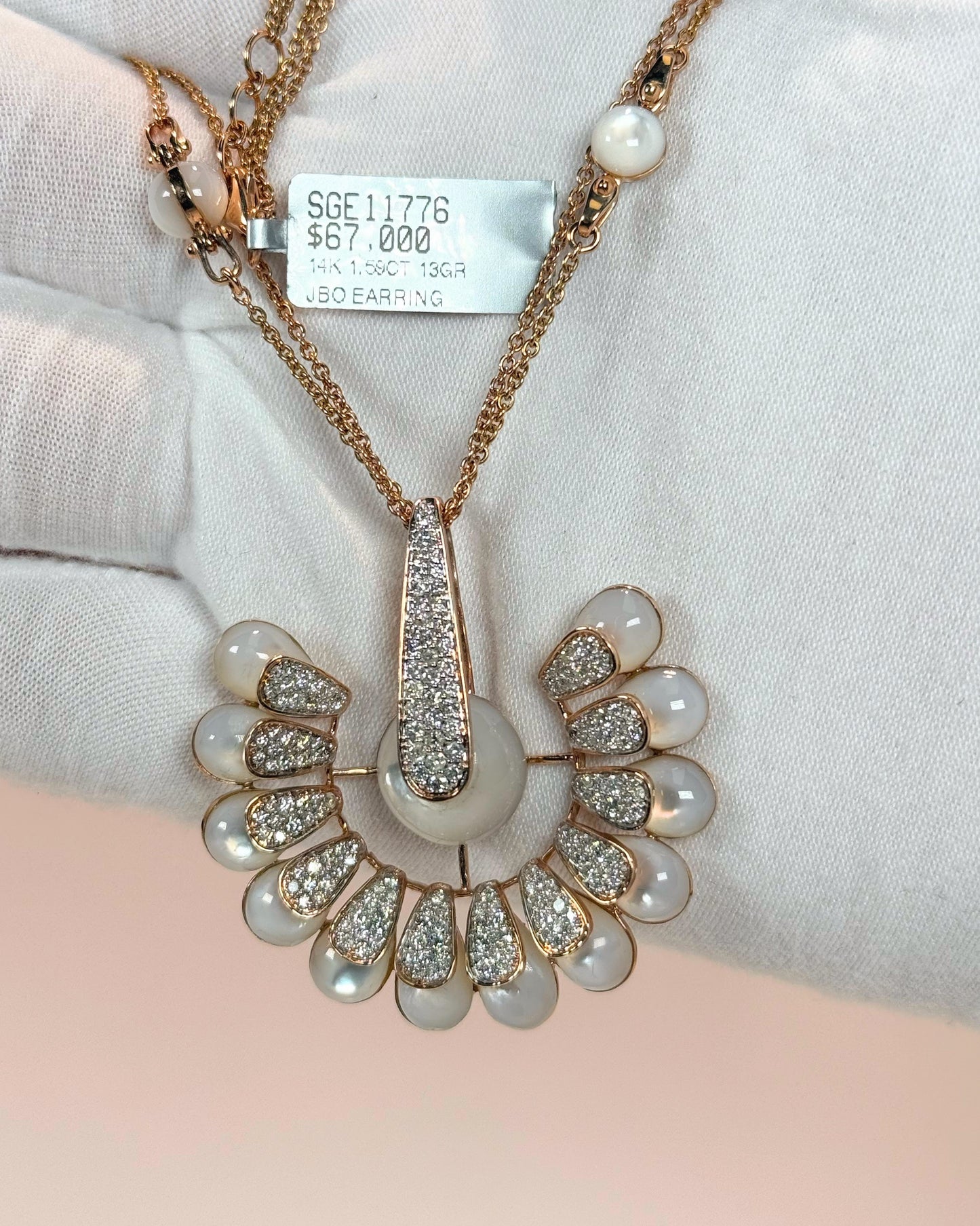 Peacock Tail Design 14k Rose Gold Moonstone Diamond Necklace
