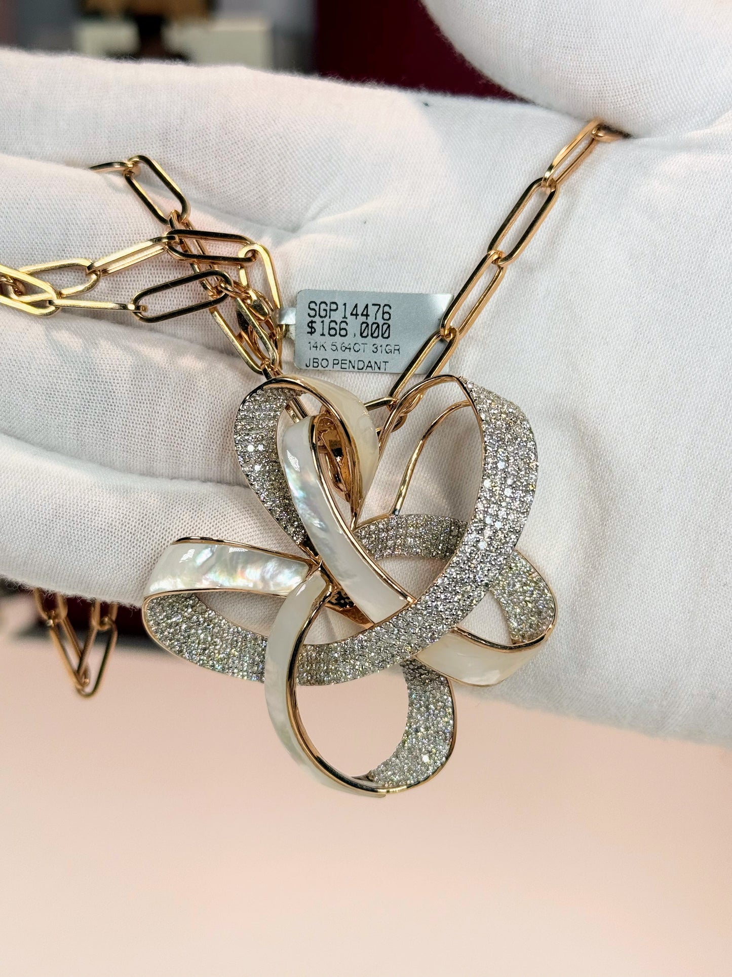 Ribbon Design MoP and Diamond 14k Rose Gold Necklace