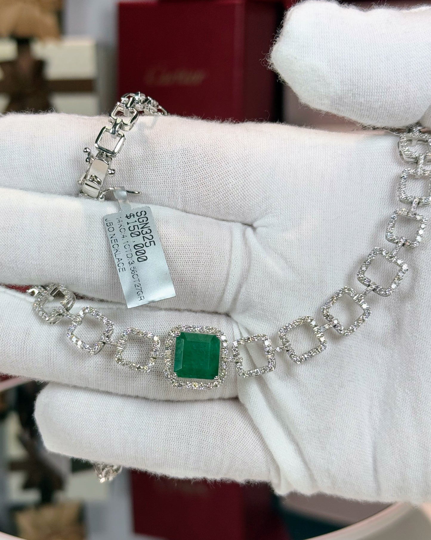 14k White Gold Emerald and Diamond Necklace