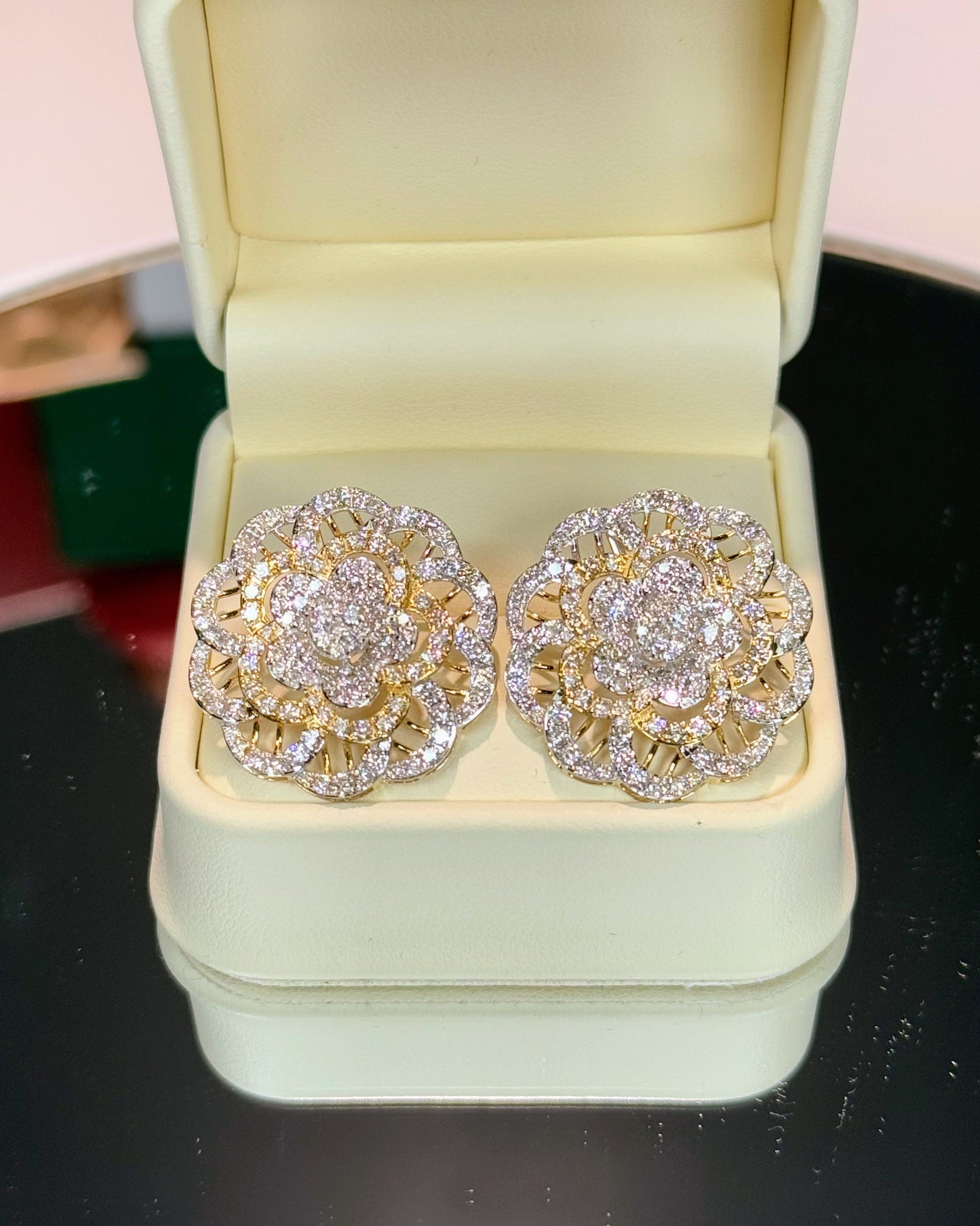 14k Yellow Gold Diamond Flower Earrings