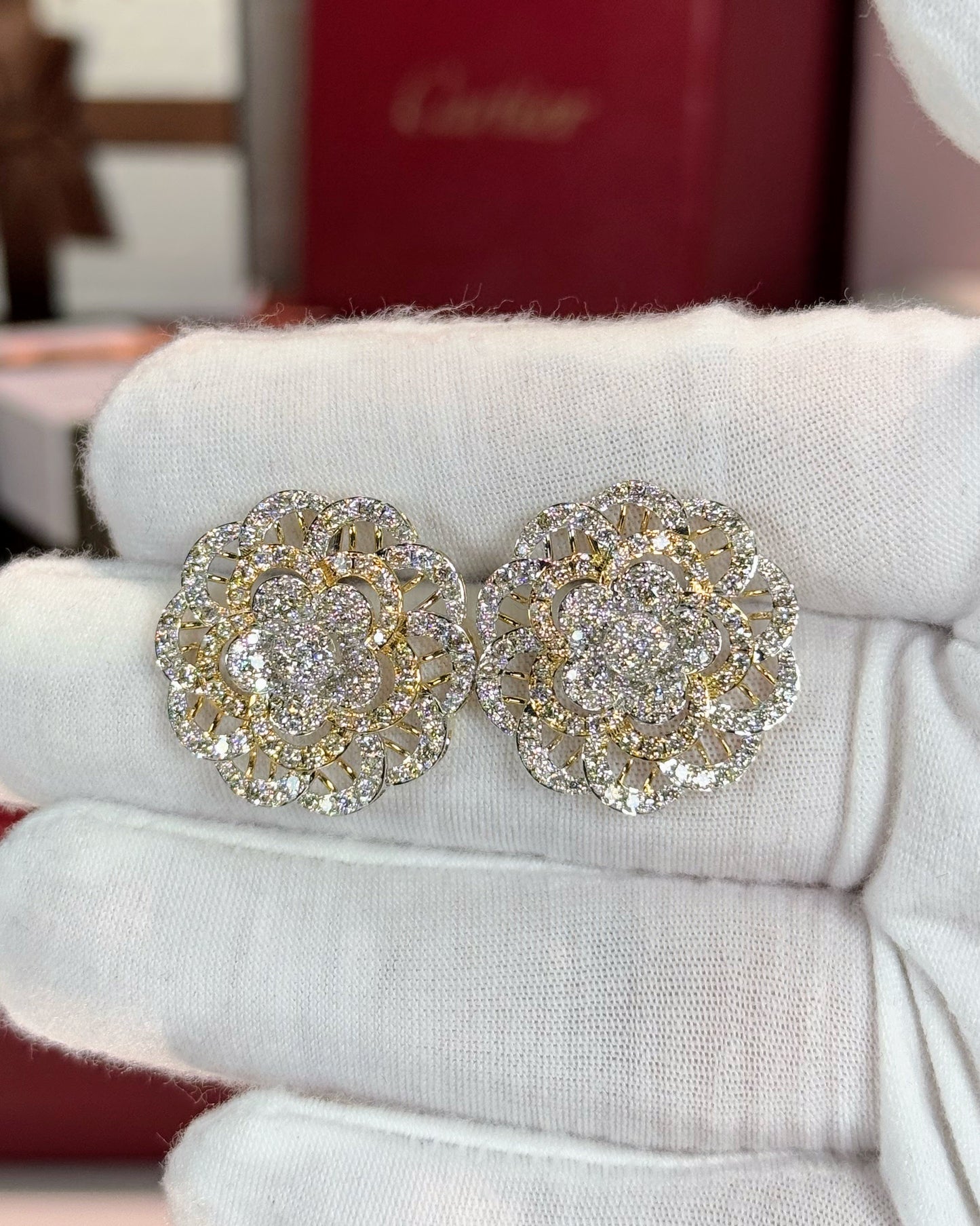 14k Yellow Gold Diamond Flower Earrings
