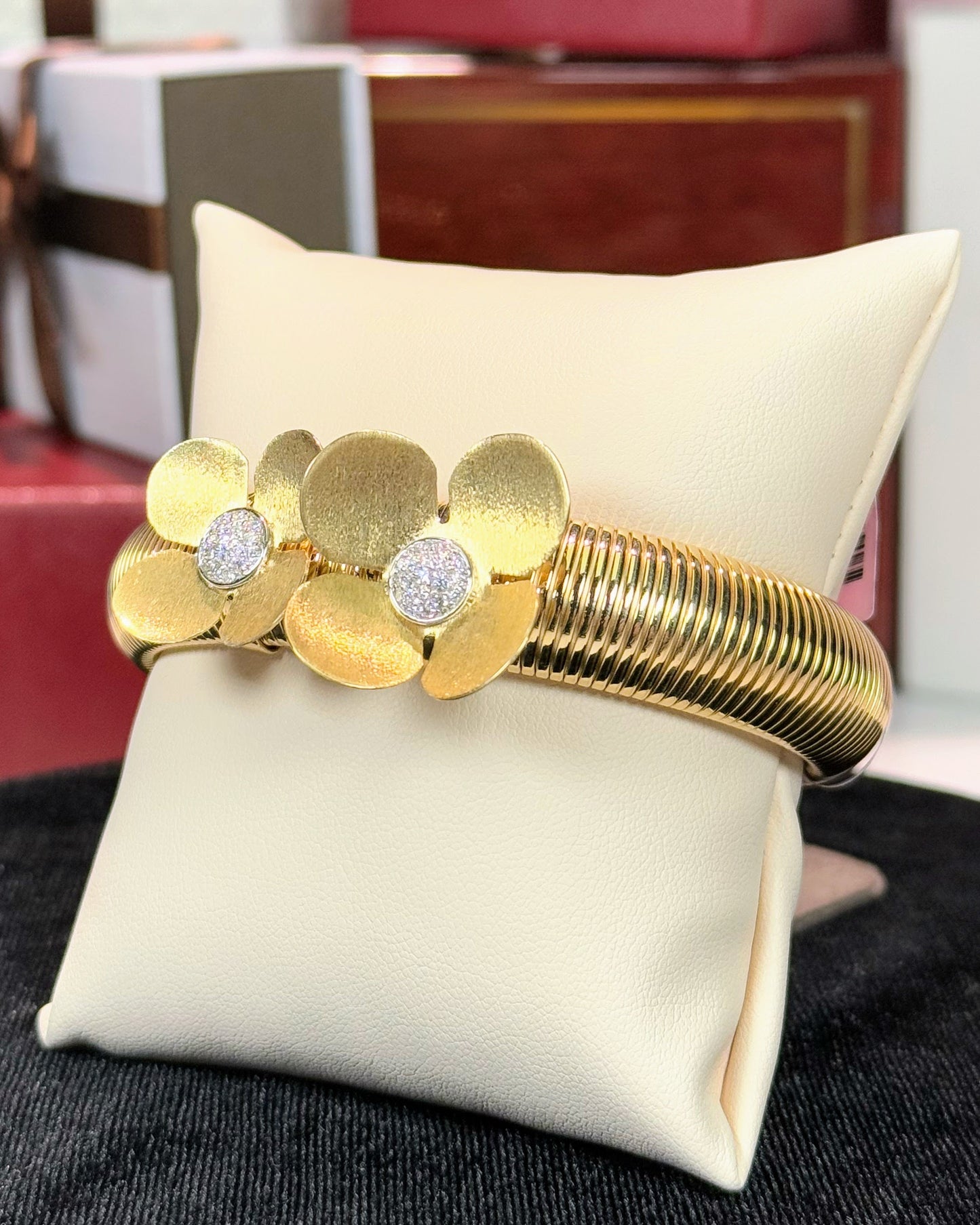 Twin Diamond Flower 14k Yellow Gold Bangle