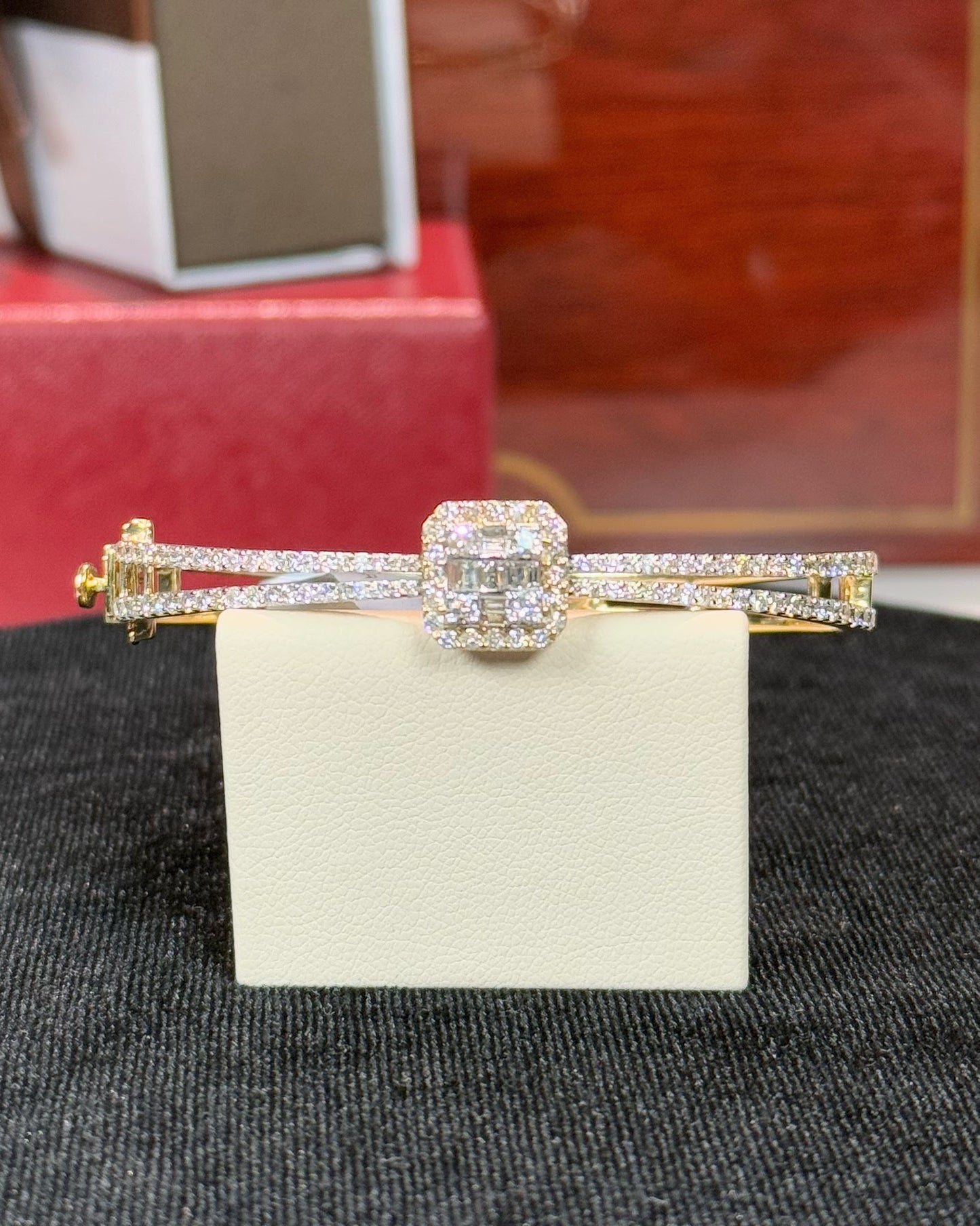 Square Halo Diamond 14k Yellow Gold Bangle