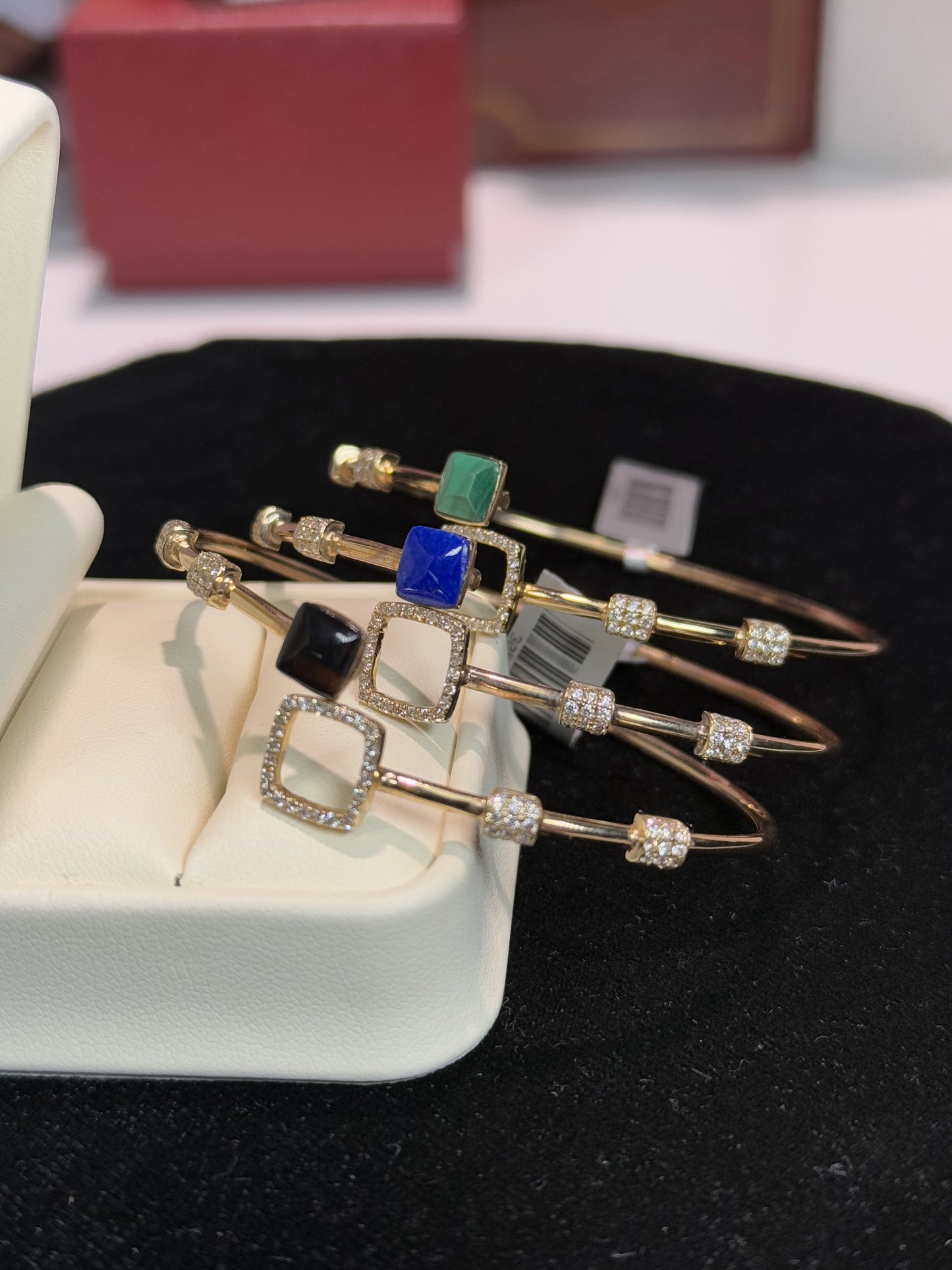 Color Stone Halo Diamond 14k Yellow Gold Bangle