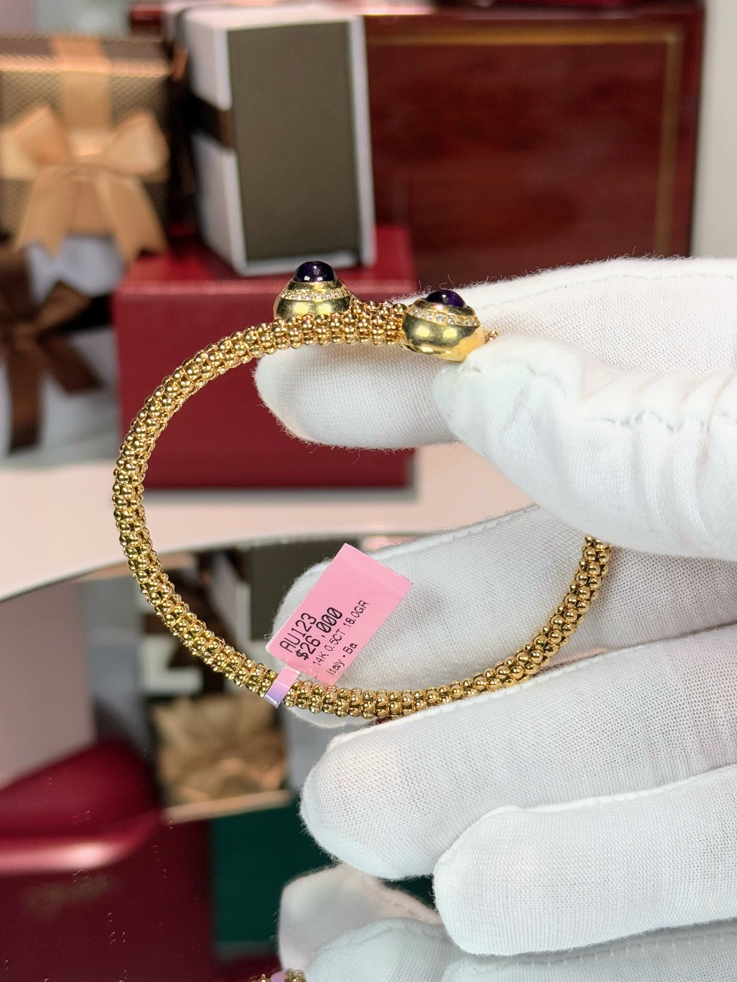Amethyst and Diamond 14k Yellow Gold Bangle