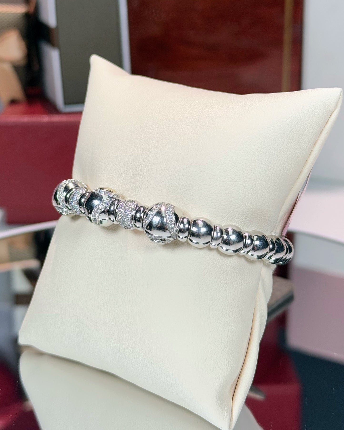 Ball Design 14k White Gold Diamond Bangle Bracelet