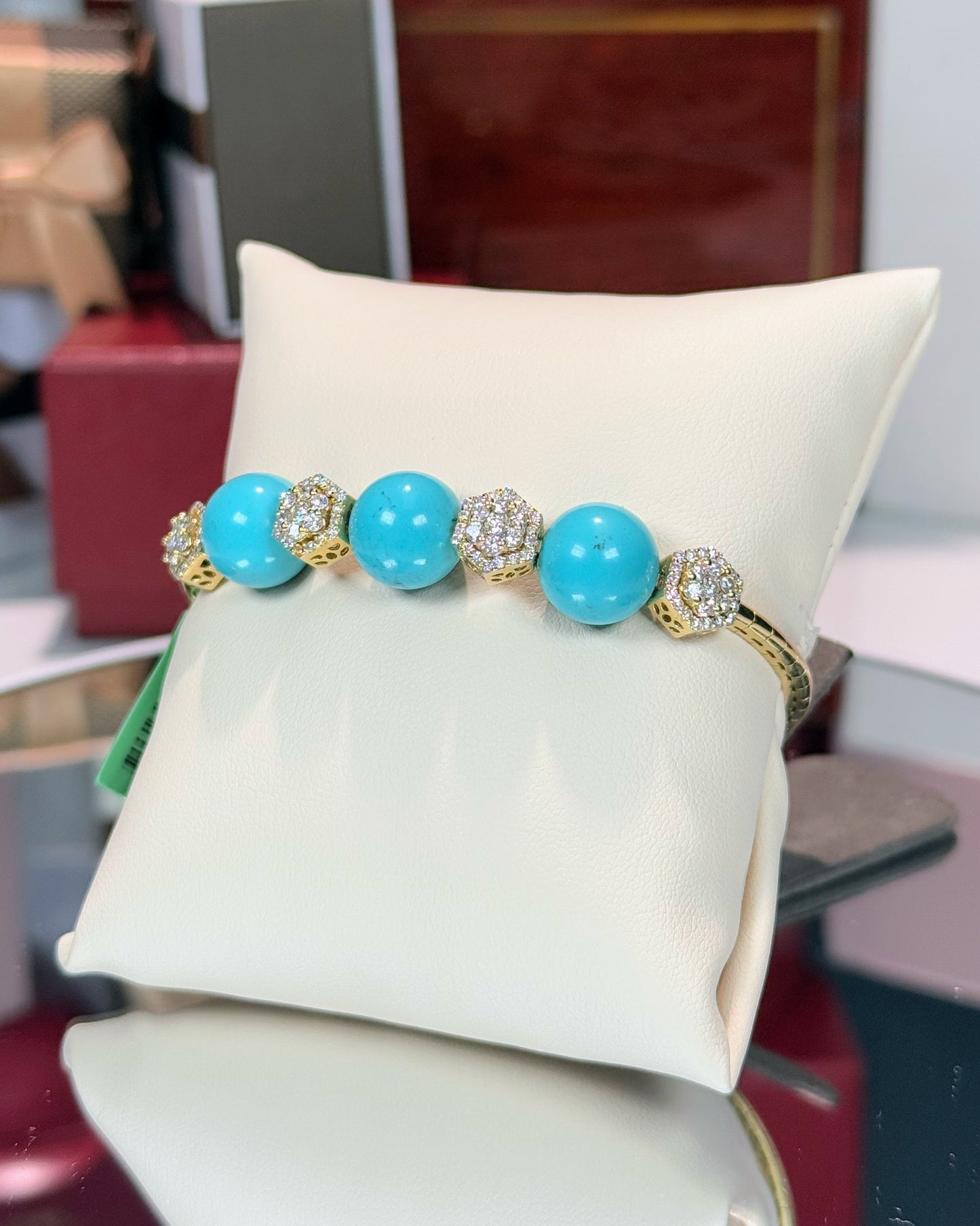 Turquoise Beads and Hexagon Diamond Design 18k Yellow Gold Bangle Bracelet