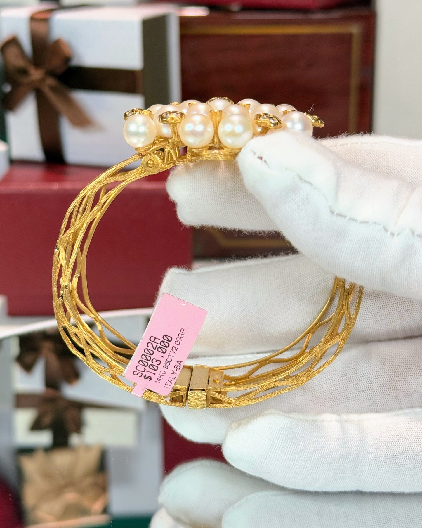 Vine Design 14k Yellow Gold Cream Pearl Diamond Bangle