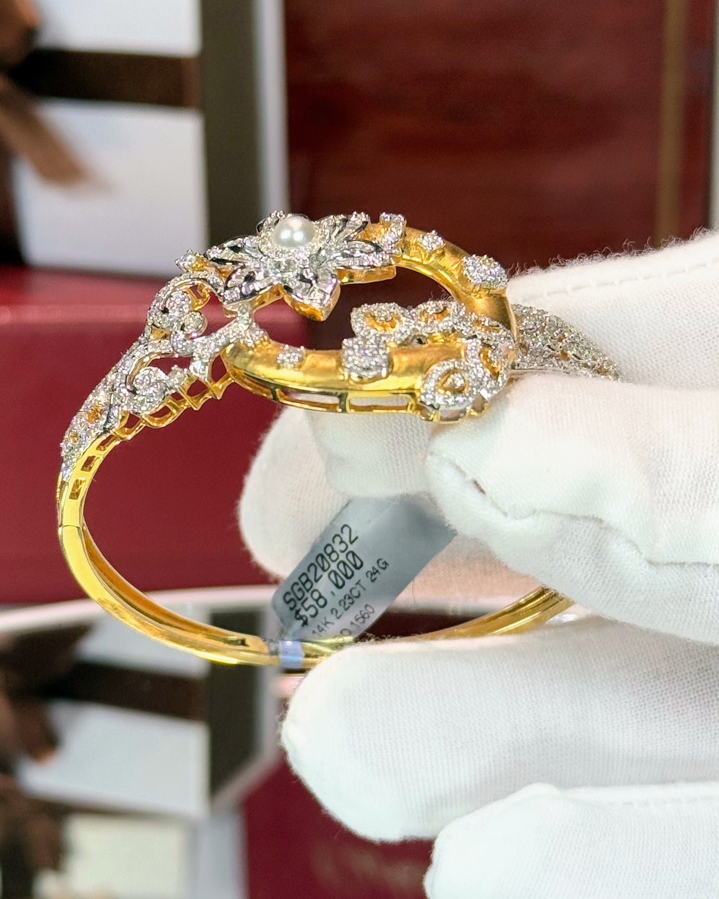 Floral Design 14k Yellow Gold Diamond Bangle