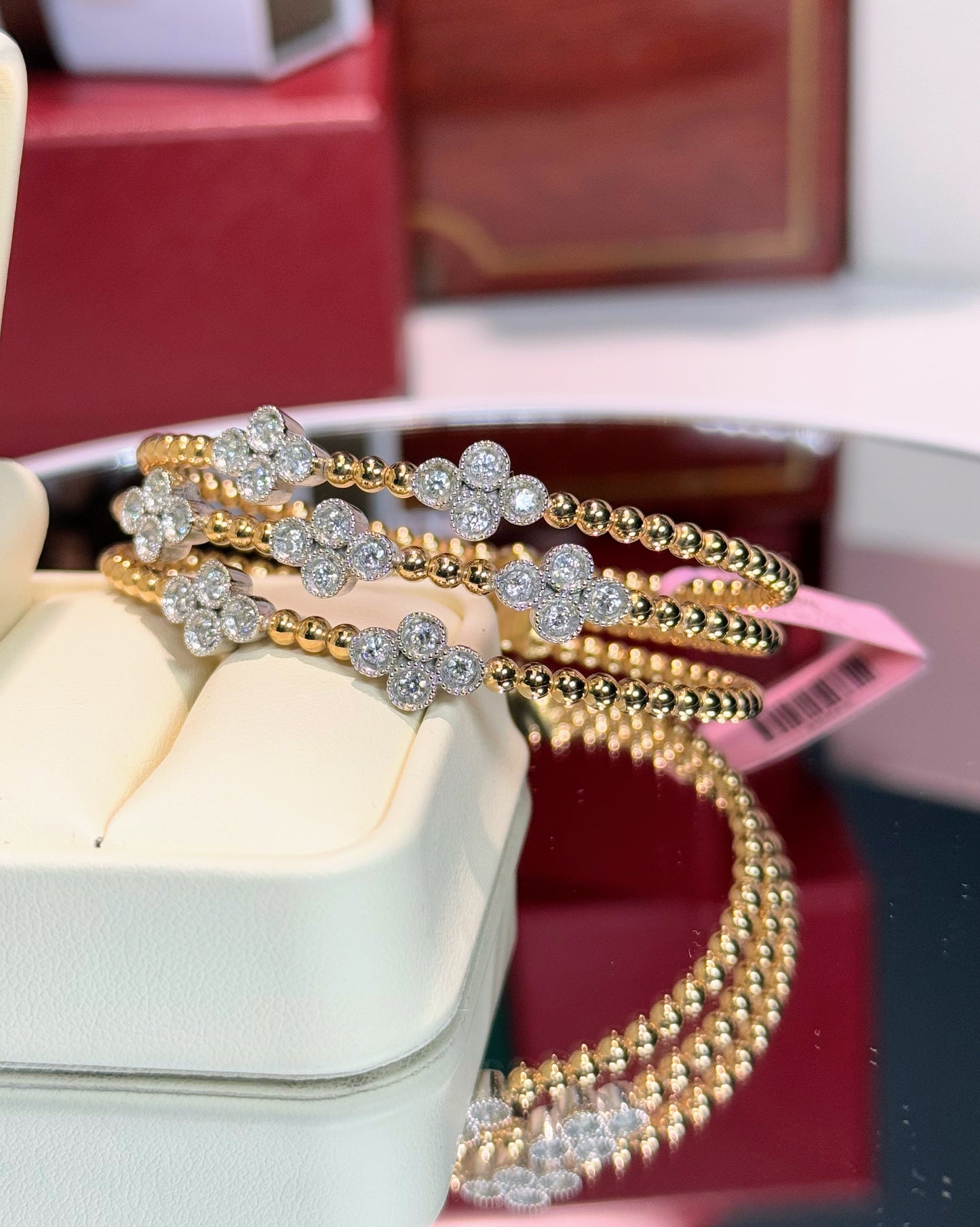 14k Yellow Gold Three Layer Diamond Clover Bangle