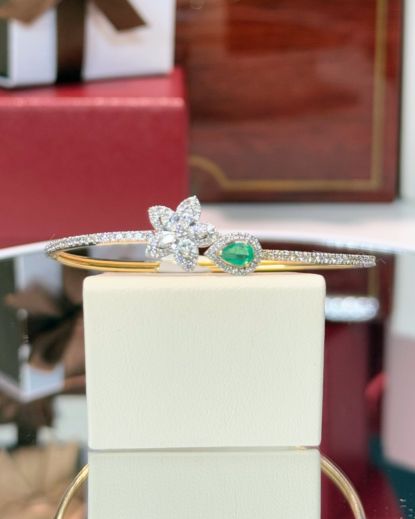 Emerald Raindrop and Diamond Flower 14k Yellow Gold Bangle