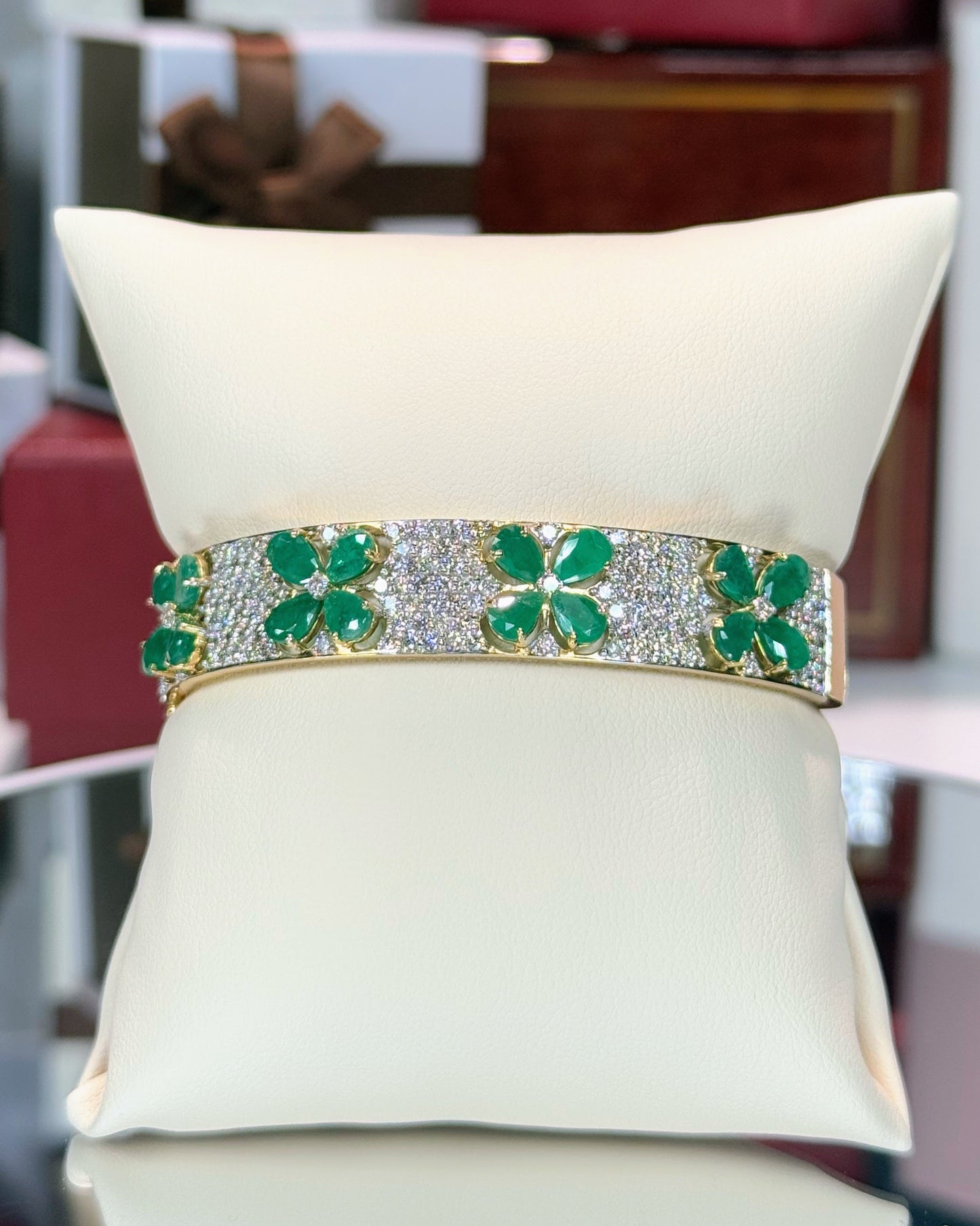 14k Yellow Gold Emerald Flowers Diamond Pave Bangle
