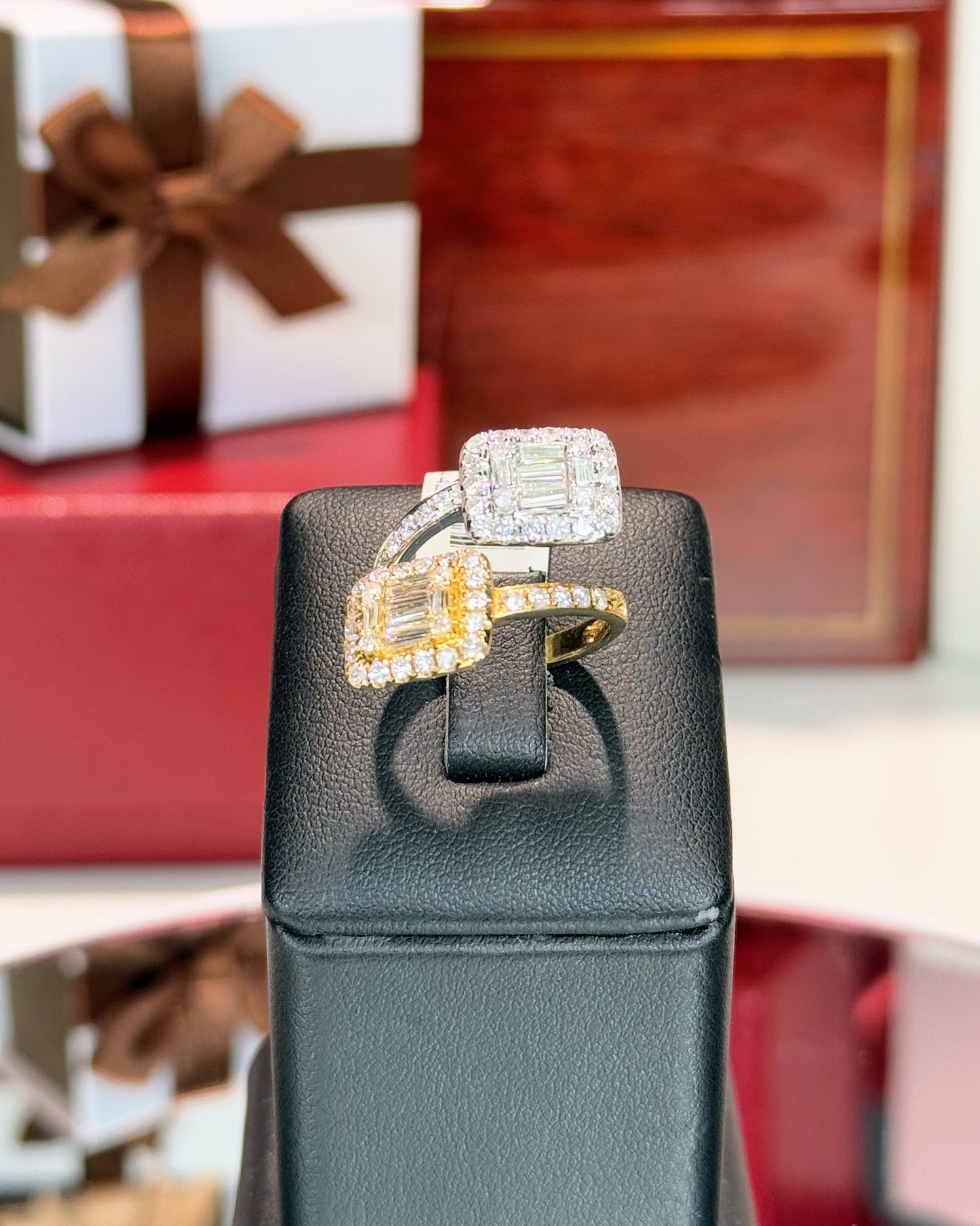 Square baguette Diamond Bypass Ring 14k Yellow Gold and White Gold