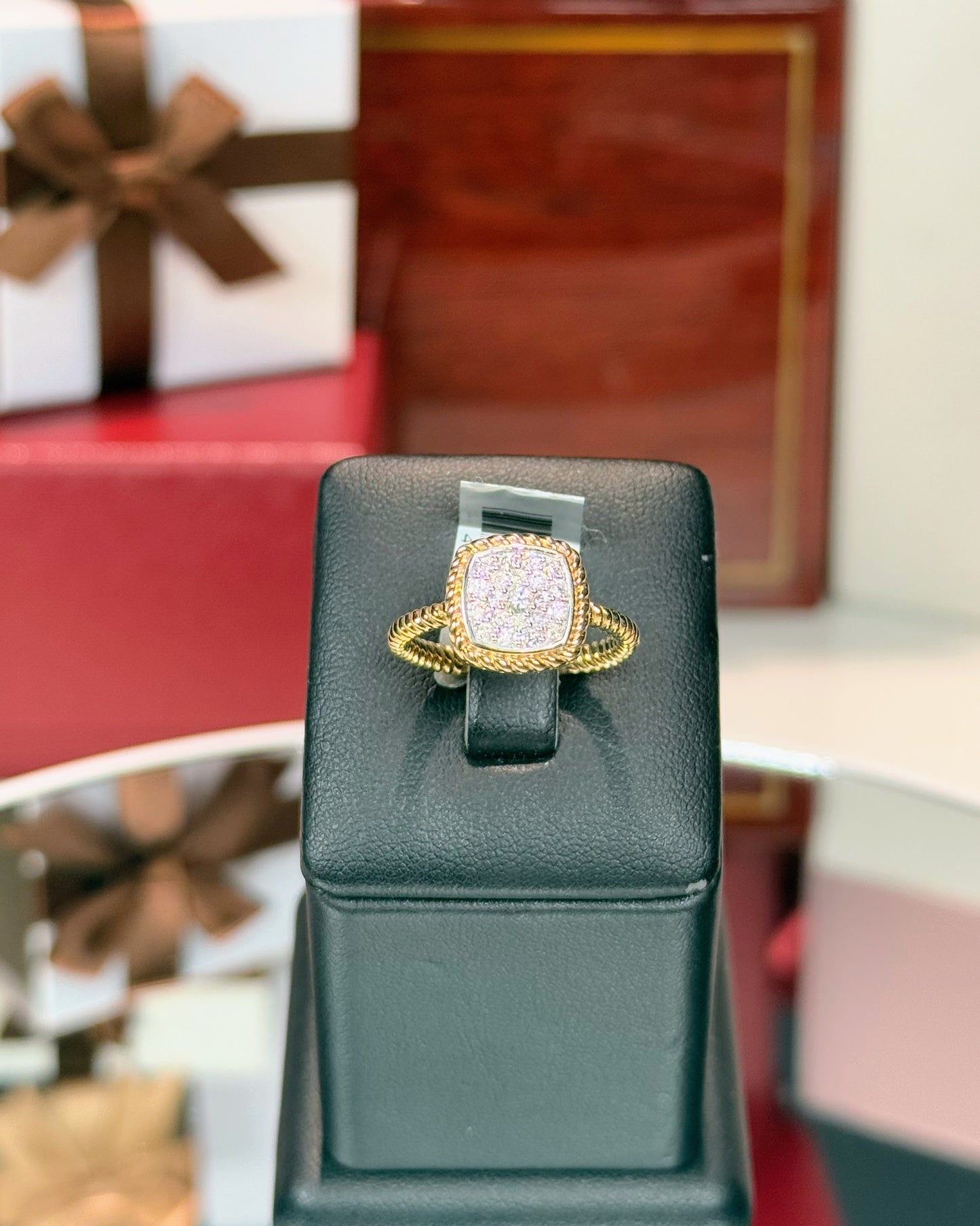 14k Yellow Gold Square Cluster Diamond Rope Shank Ring