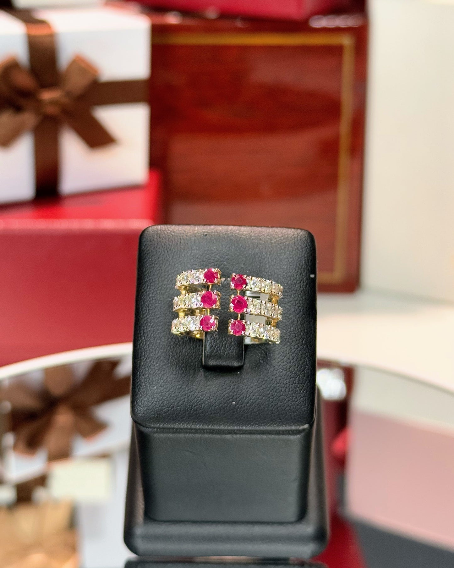 Ruby and Diamond Triple Layer 14k Yellow Gold Open Ring