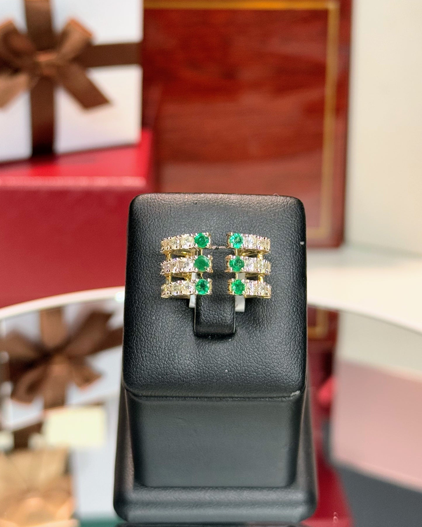 Emerald and Diamond Triple Layer Open 14k Yellow Gold Ring