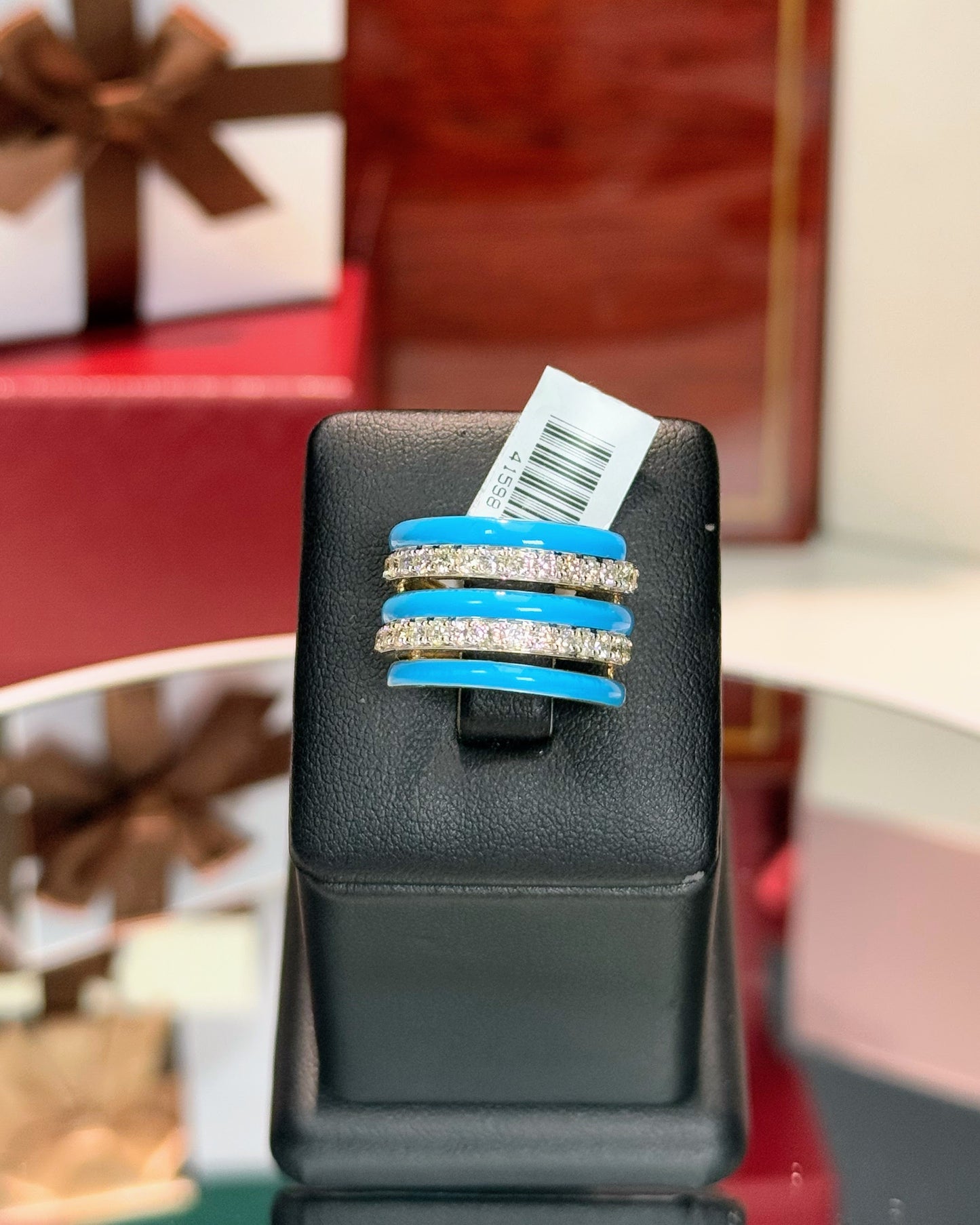 14k Yellow Gold Blue Enamel Diamond Ring